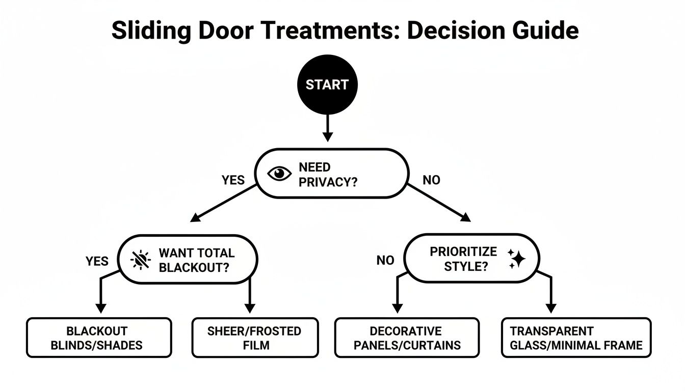 A flowchart decision guide for selecting sliding door treatments based on privacy, blackout, and style preferences.