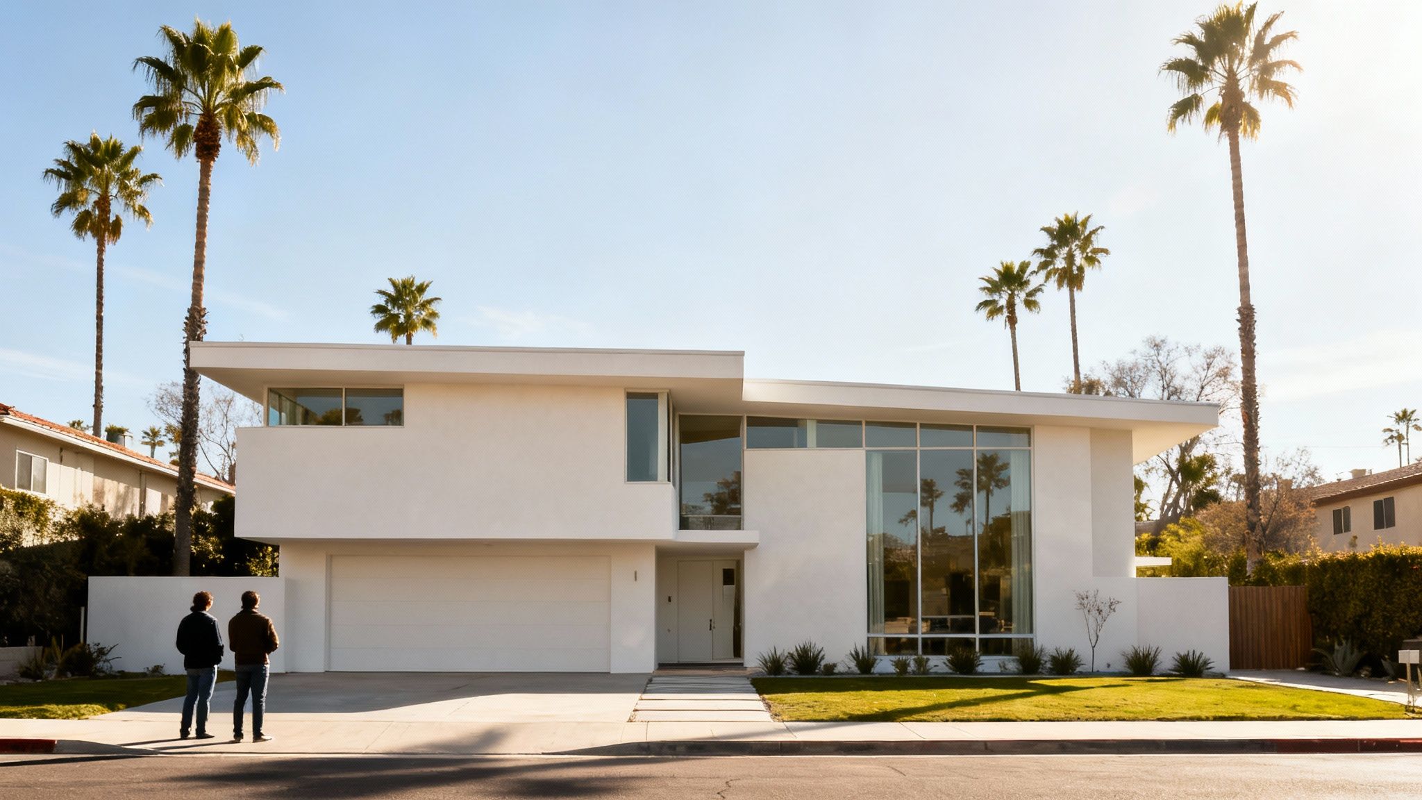 Two men admire a sleek, modern white house with large windows and numerous palm trees.