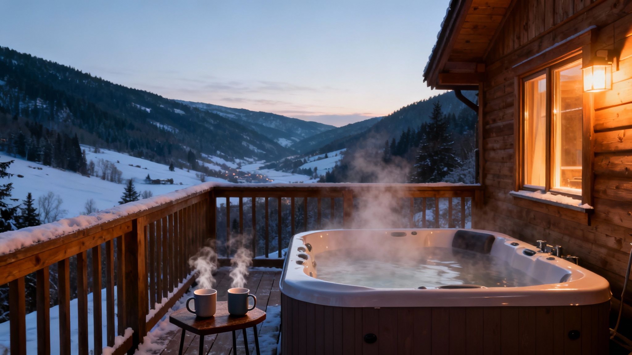 Steaming hot tub on a snowy cabin balcony with two mugs and mountain valley views at dusk.