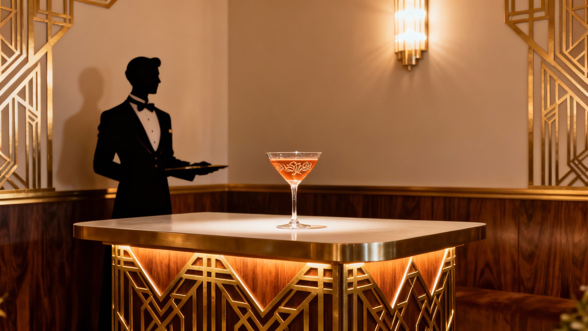 An elegant cocktail in a coupe glass on an art deco bar with gold accents and a waiter silhouette.