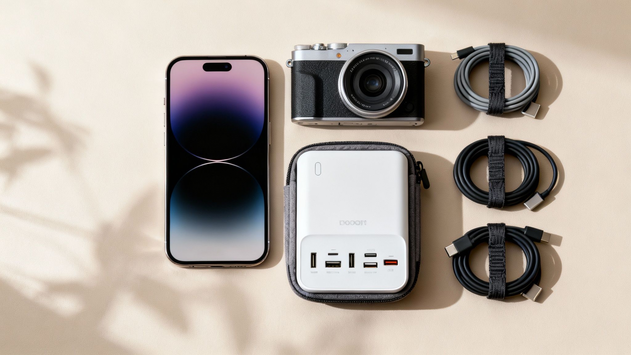 Essential travel electronics neatly arranged: iPhone, camera, multi-port charger, and charging cables.