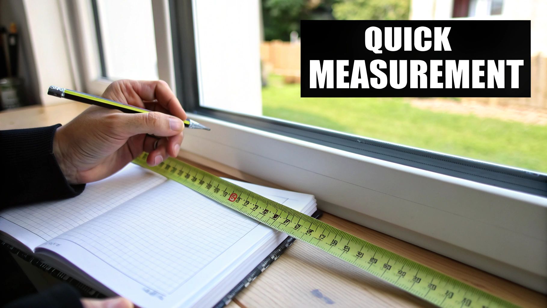 A person using a steel tape measure to measure the width of a window for new Roman shades.