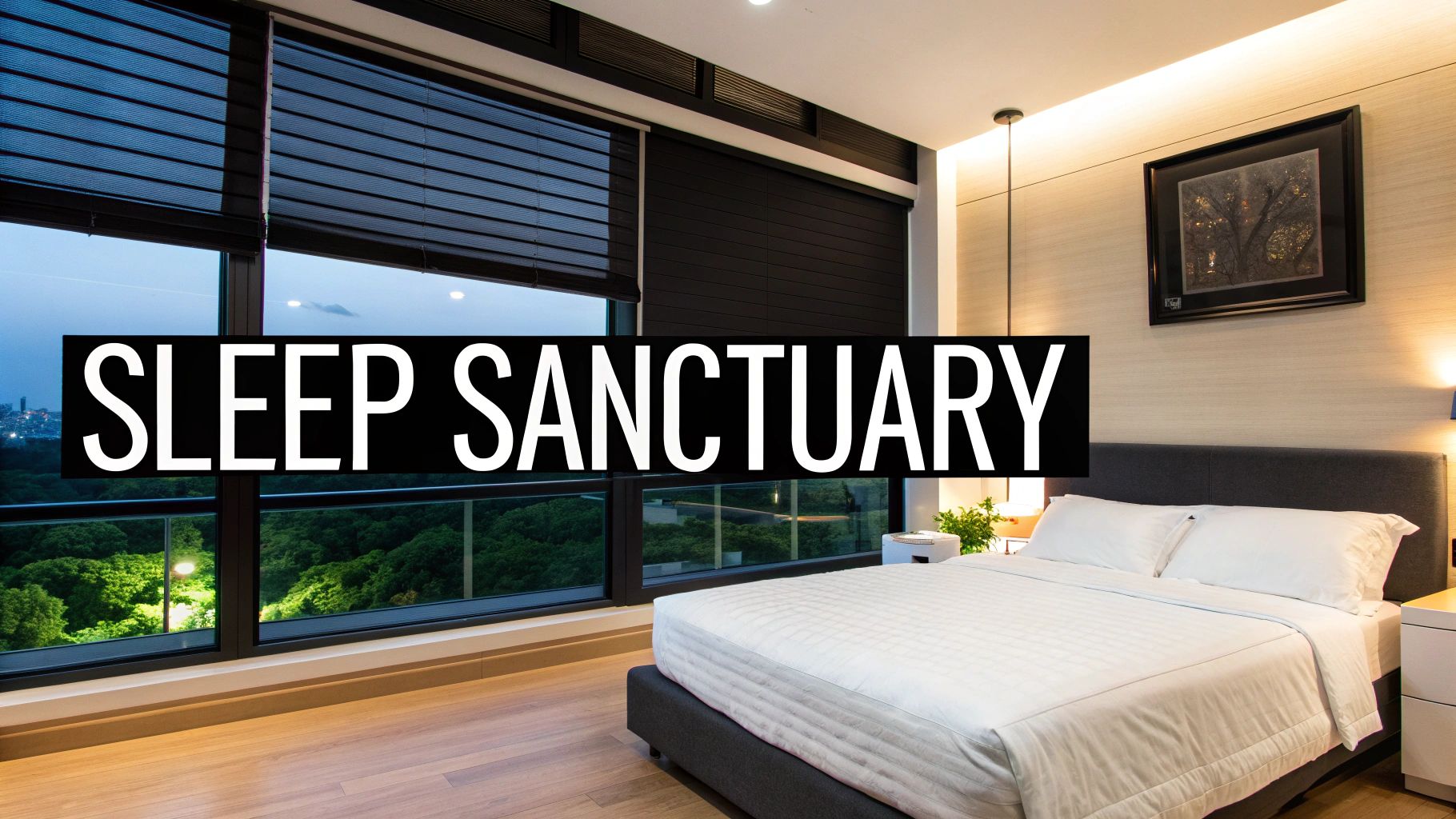 A modern bedroom with dark, elegant blinds providing privacy and light control.