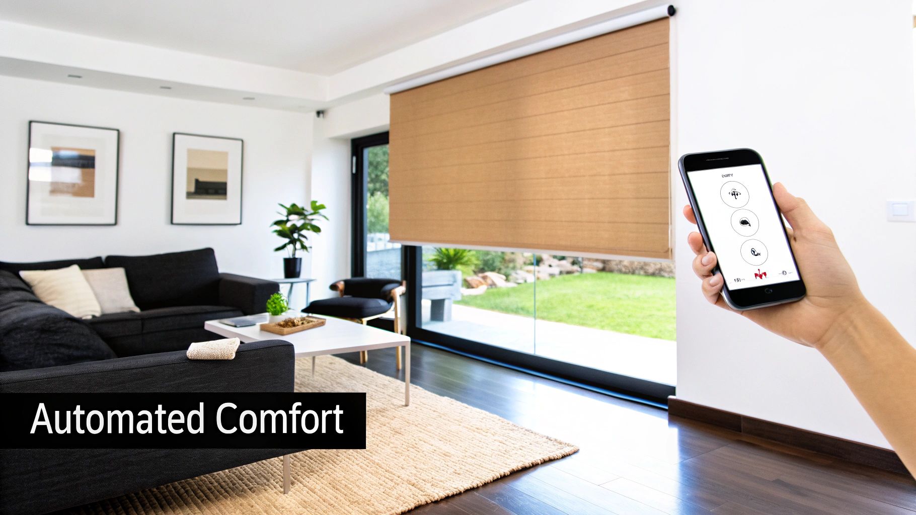 A hand uses a smartphone app to control automated window blinds in a modern living room.