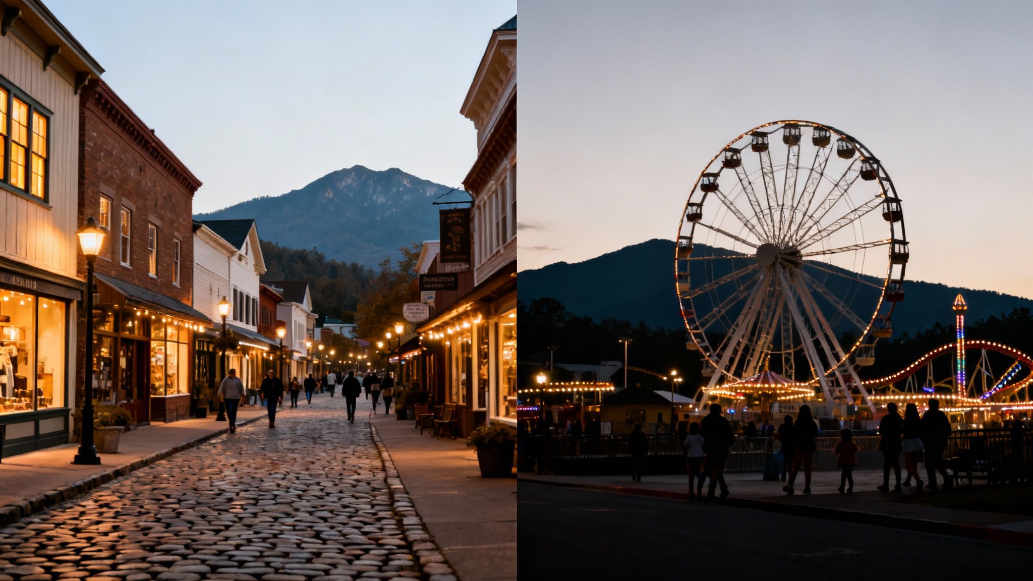 A split image of a bustling cobblestone street with shops and an illuminated amusement park at dusk.