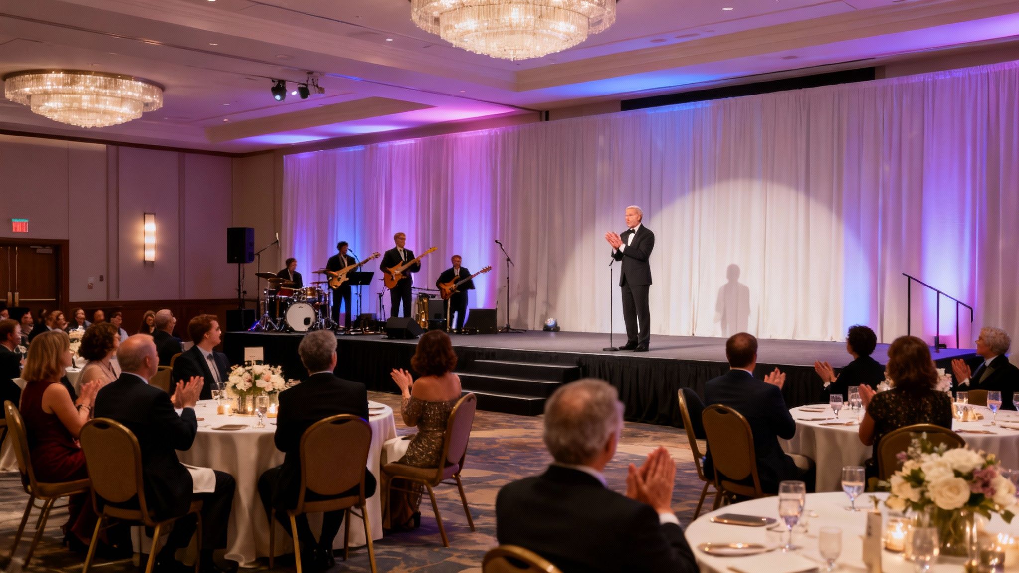 Formal event featuring a speaker on stage, a band, and an applauding audience.