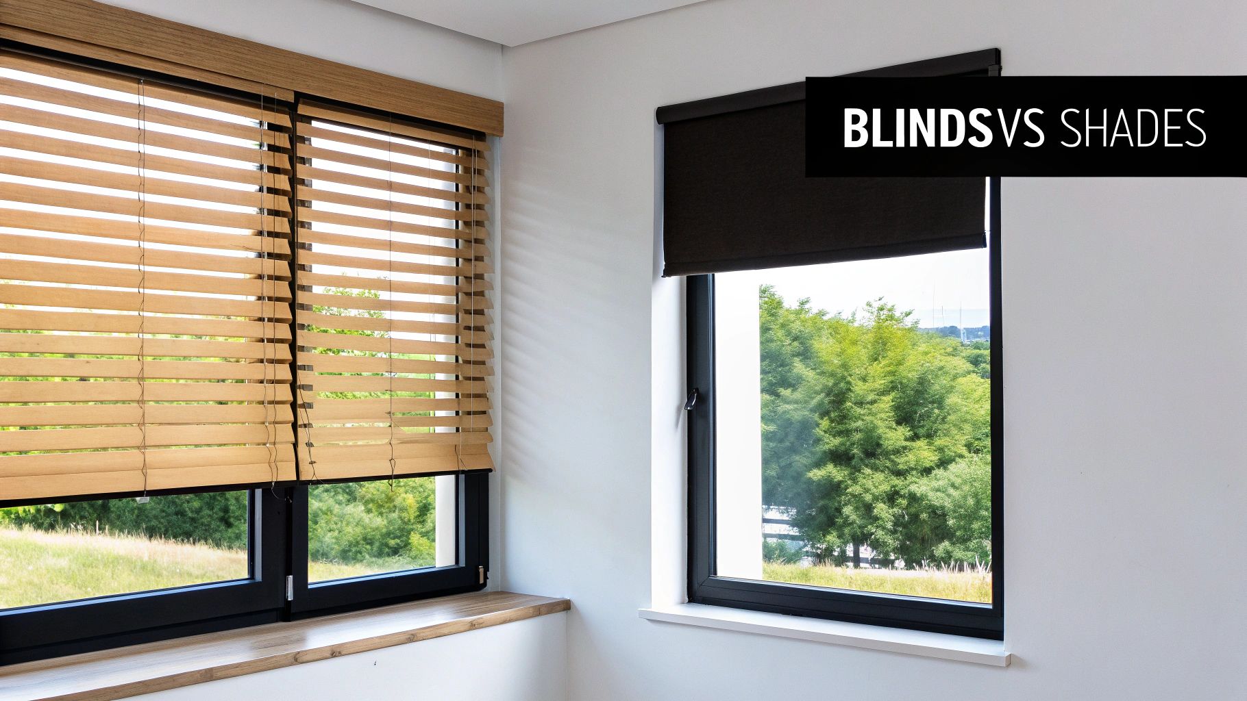 Two windows in a modern room, one featuring wooden blinds and the other a dark roller shade.
