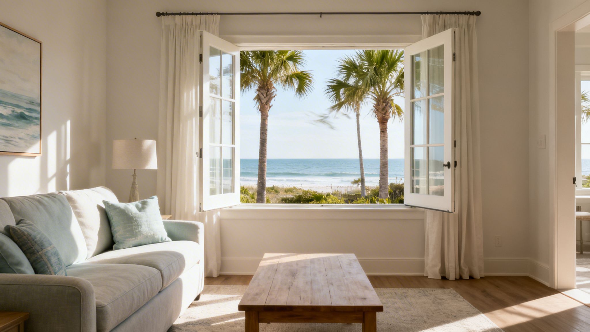 Sunny living room with a light blue sofa and open window revealing a beautiful beach, palm trees, and ocean.