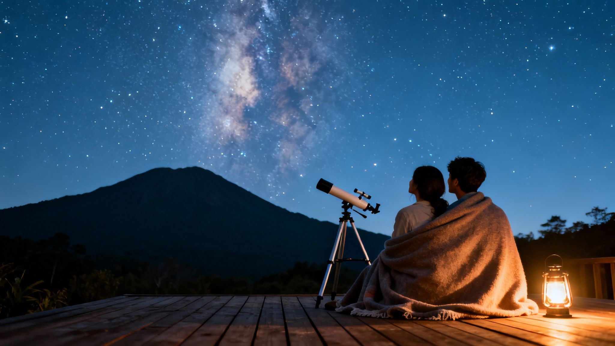 Romantic night under the stars: couple observing Milky Way with telescope and lantern.