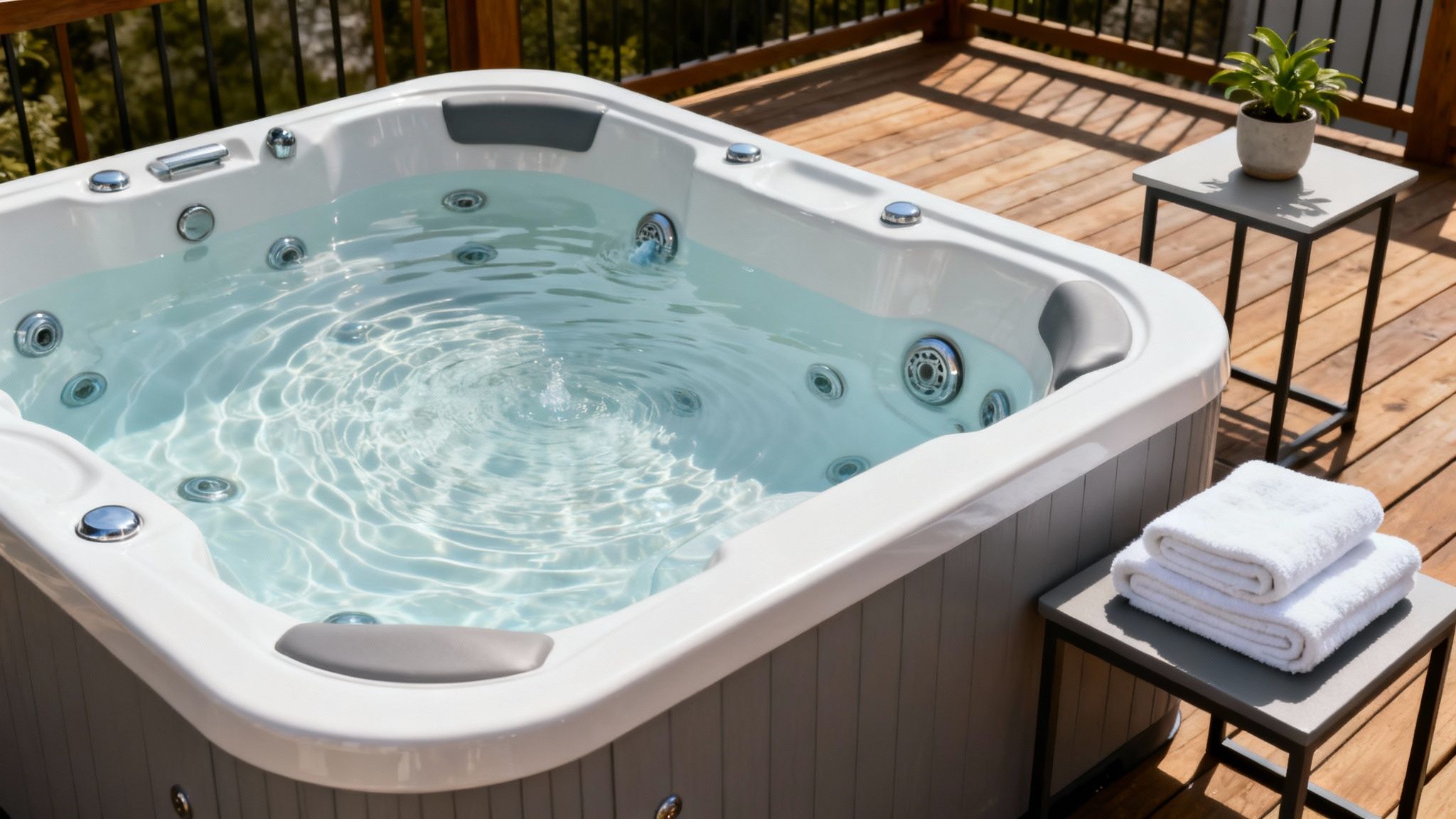 A white outdoor hot tub filled with bubbling water on a wooden deck with towels and a plant.