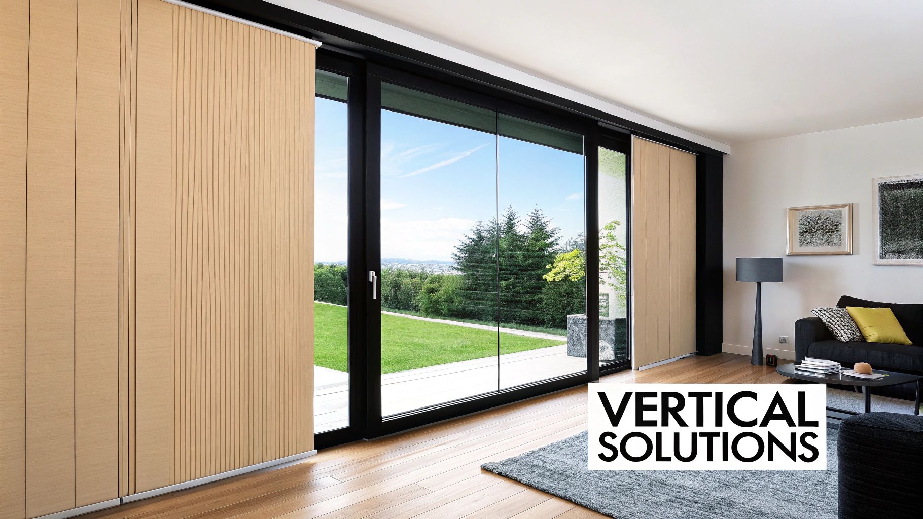 A modern living room with light-colored vertical blinds on large sliding glass doors overlooking a lush green garden.