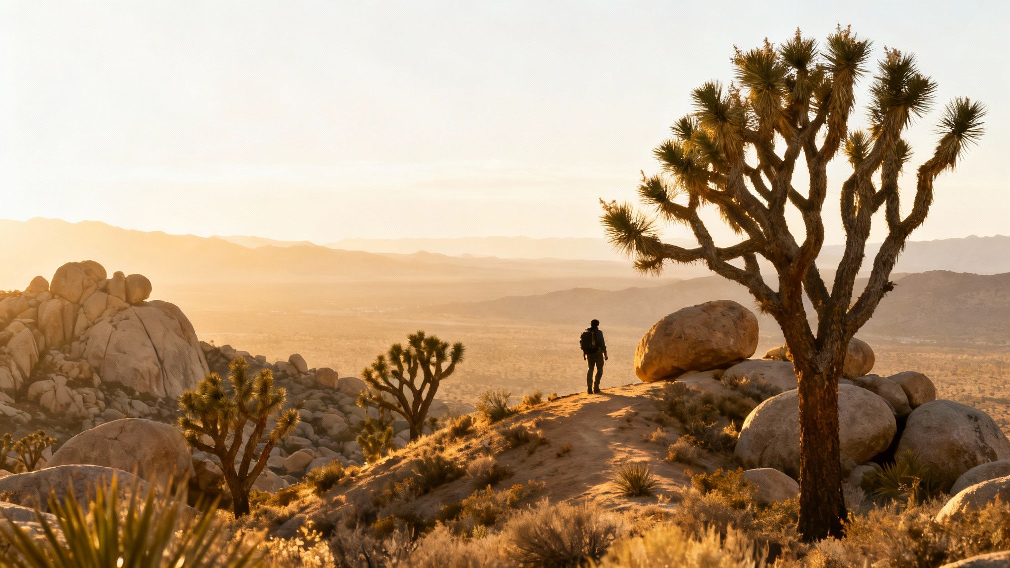 A lone hiker with a backpack stands on a desert trail admiring the vast Joshua Tree landscape at sunset.
