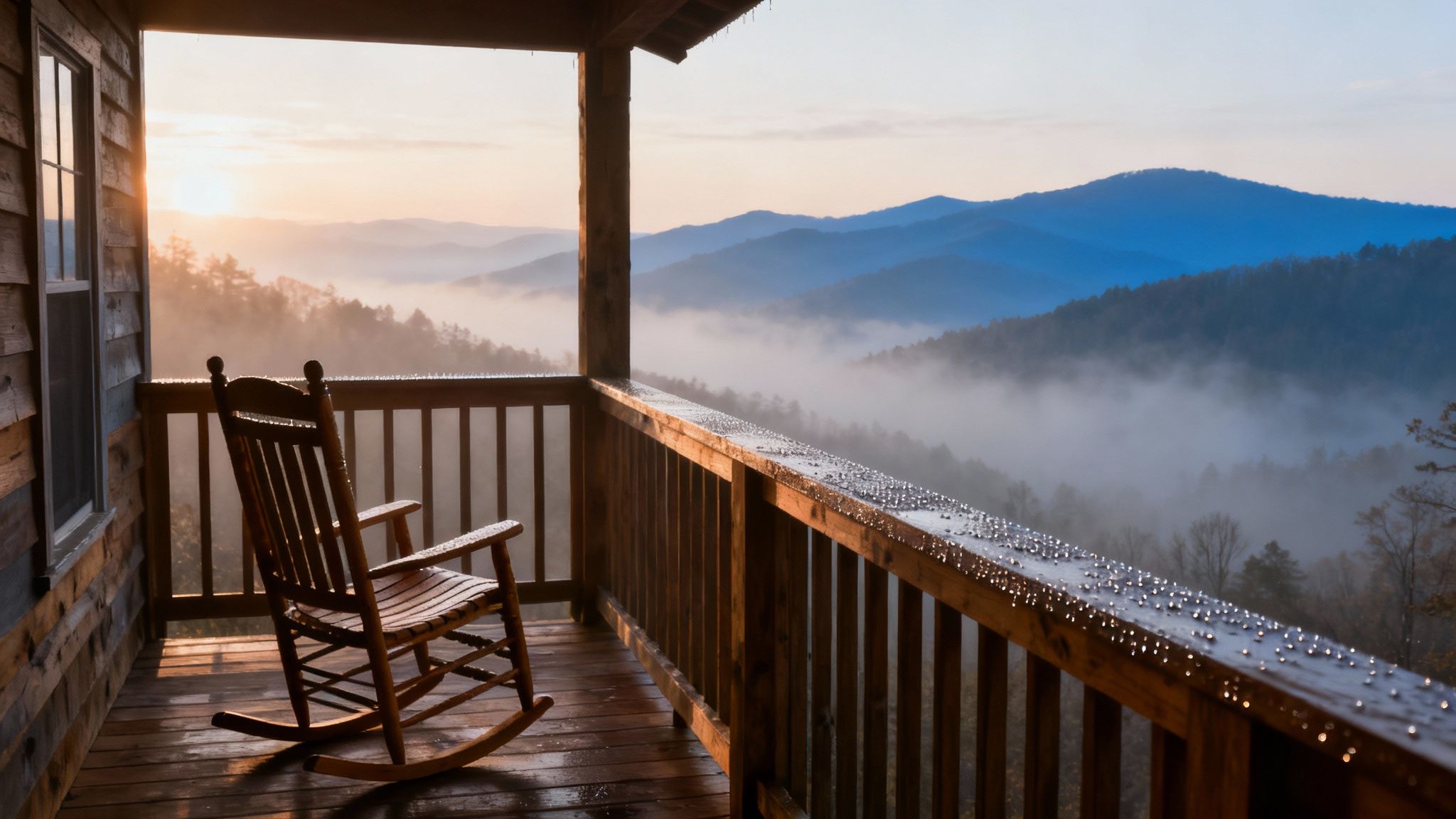 A cozy rocking chair on a rustic cabin porch with a stunning misty mountain view at sunrise.