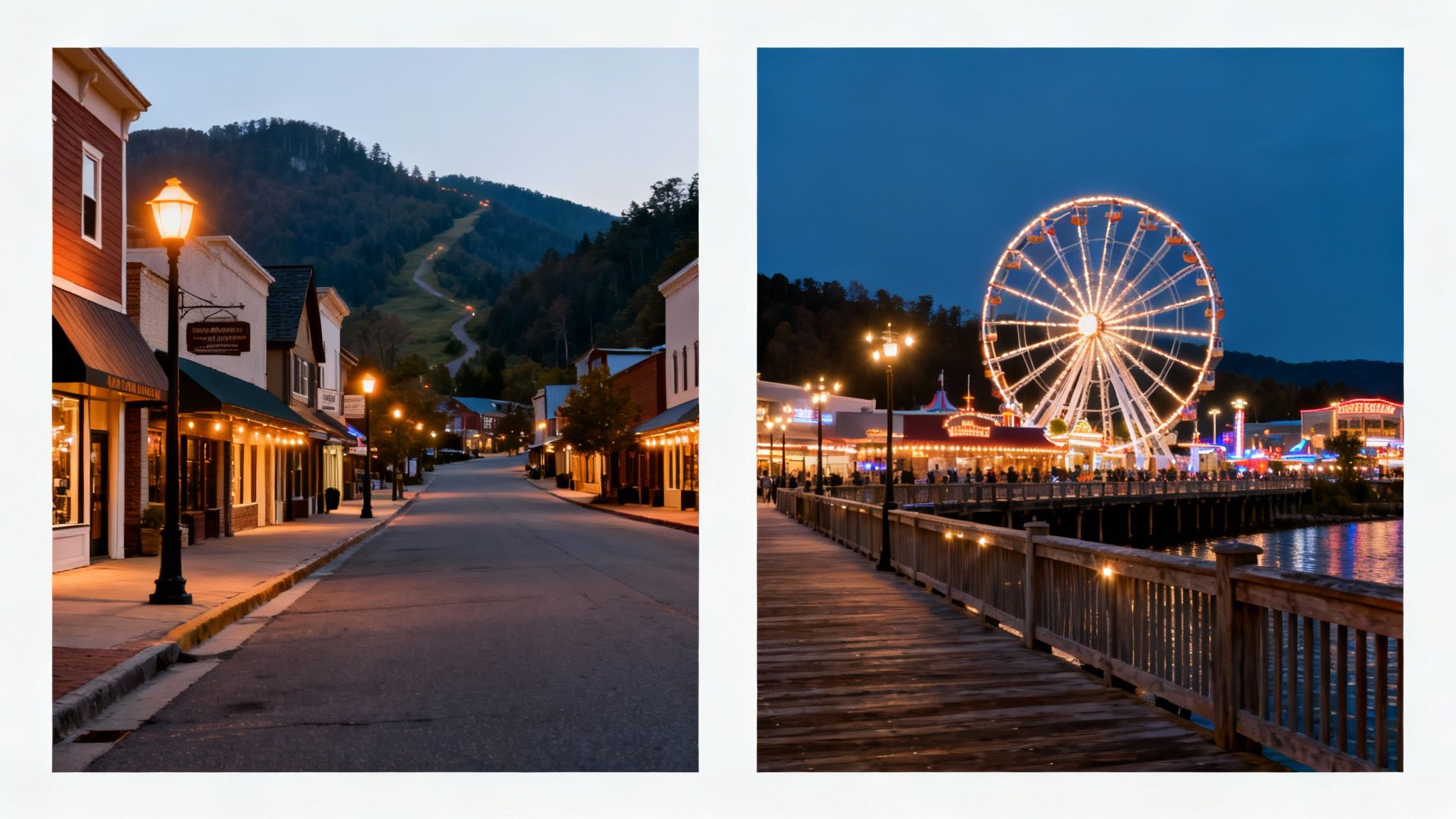 Two evening scenes: a quiet street in a mountain town and a lively amusement pier with a Ferris wheel.