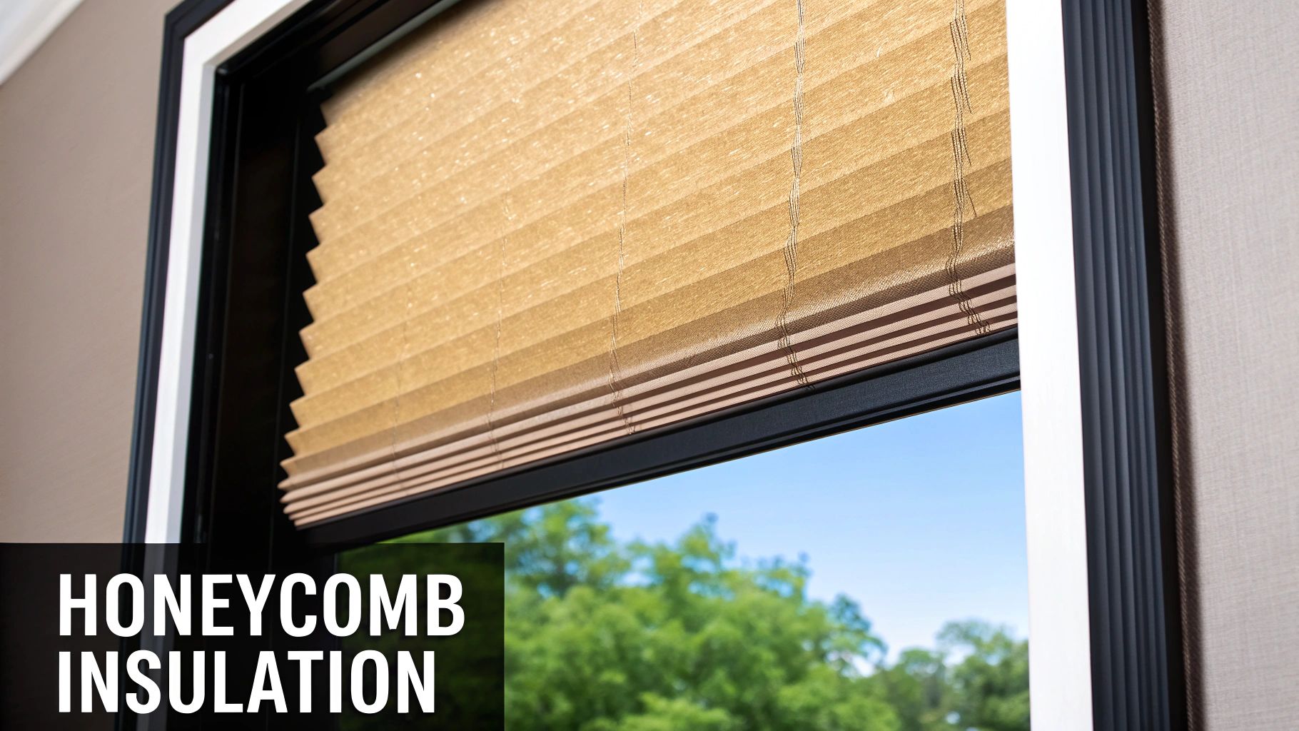 Close-up of a tan honeycomb cellular shade in a window, providing insulation against a blue sky.