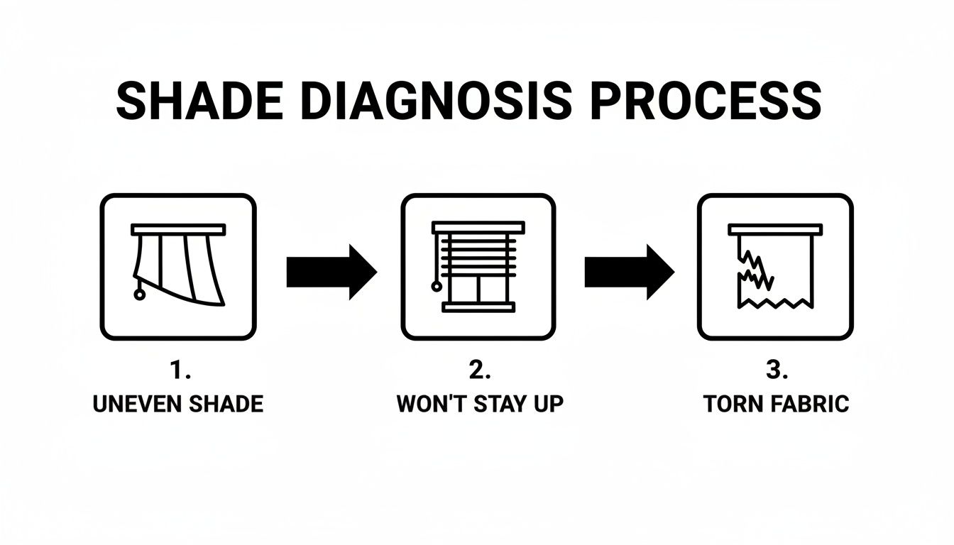 Diagram showing a shade diagnosis process with three steps: uneven shade, won't stay up, and torn fabric.