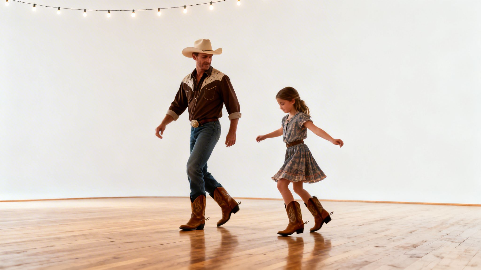 A father and daughter in cowboy outfits happily dance together on a wooden floor.