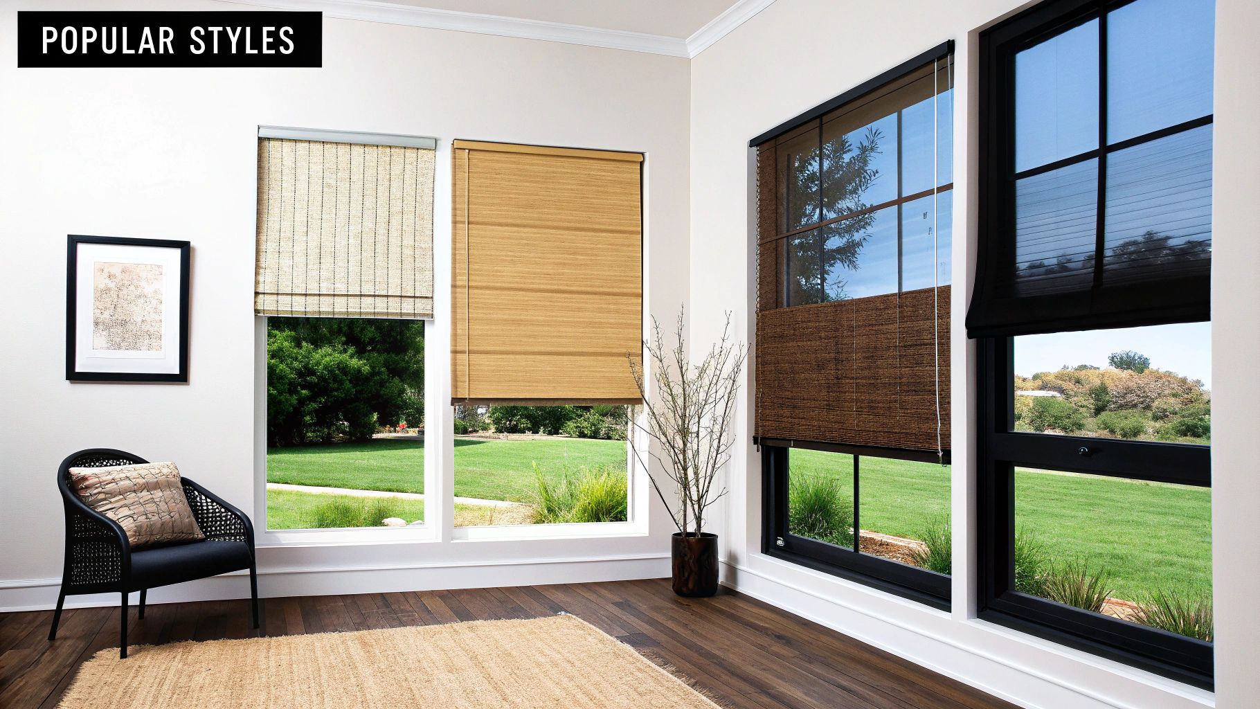 A room showcasing various light filtering window shades in different styles and materials, overlooking a green lawn.