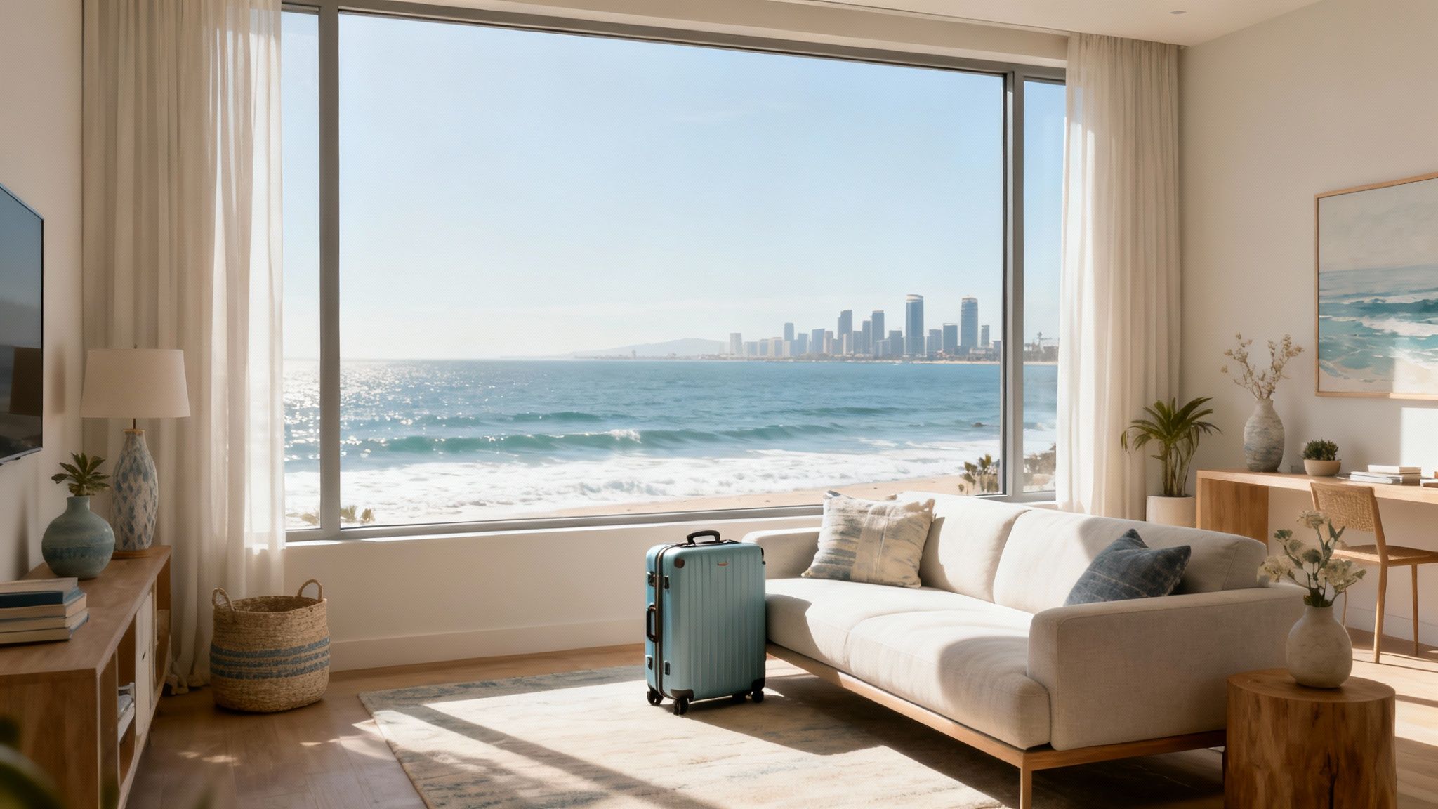 A stylishly furnished living room in a San Diego rental with coastal decor.