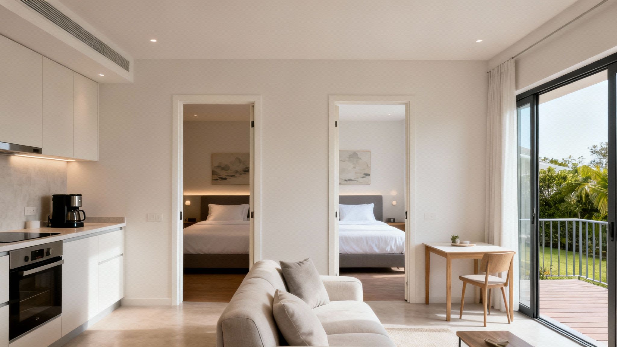 Interior of a bright, modern apartment showing kitchen, living room, and two bedrooms with garden view.