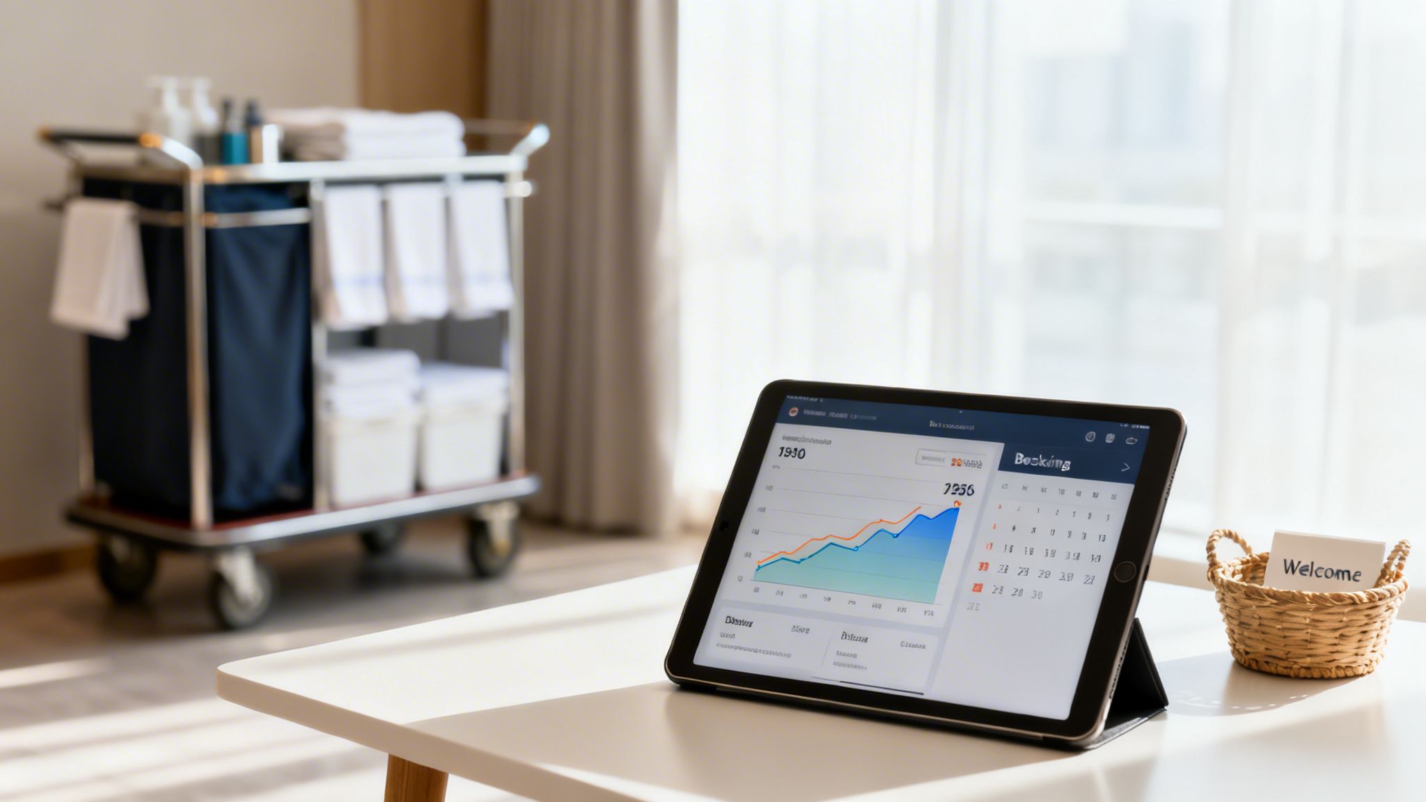 Tablet showing booking management software on a table, with a hotel housekeeping cart and a welcome basket.