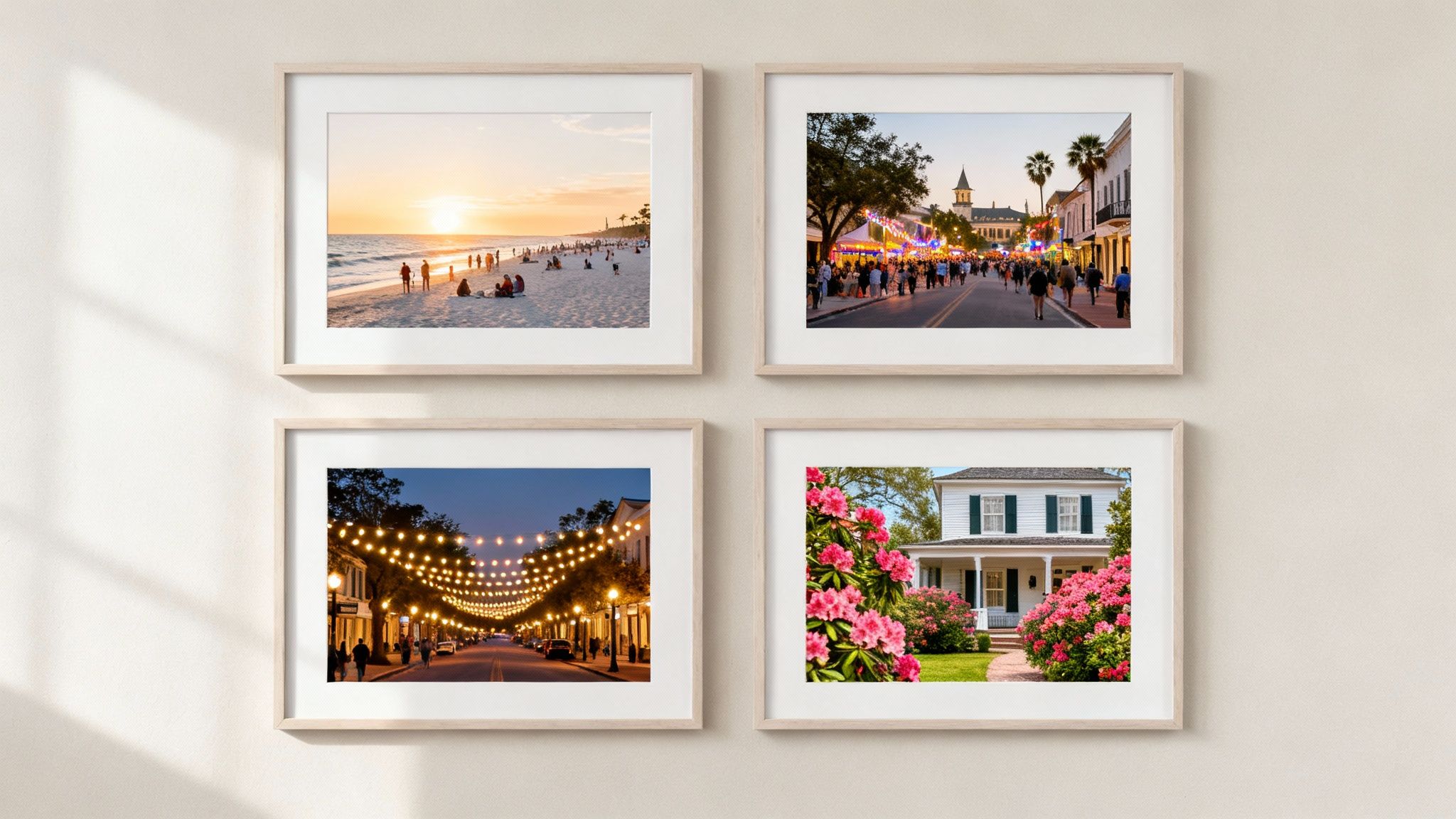 Four framed photos on a wall: a sunset beach, a lively street festival, an illuminated street at night, and a charming house with pink flowers.