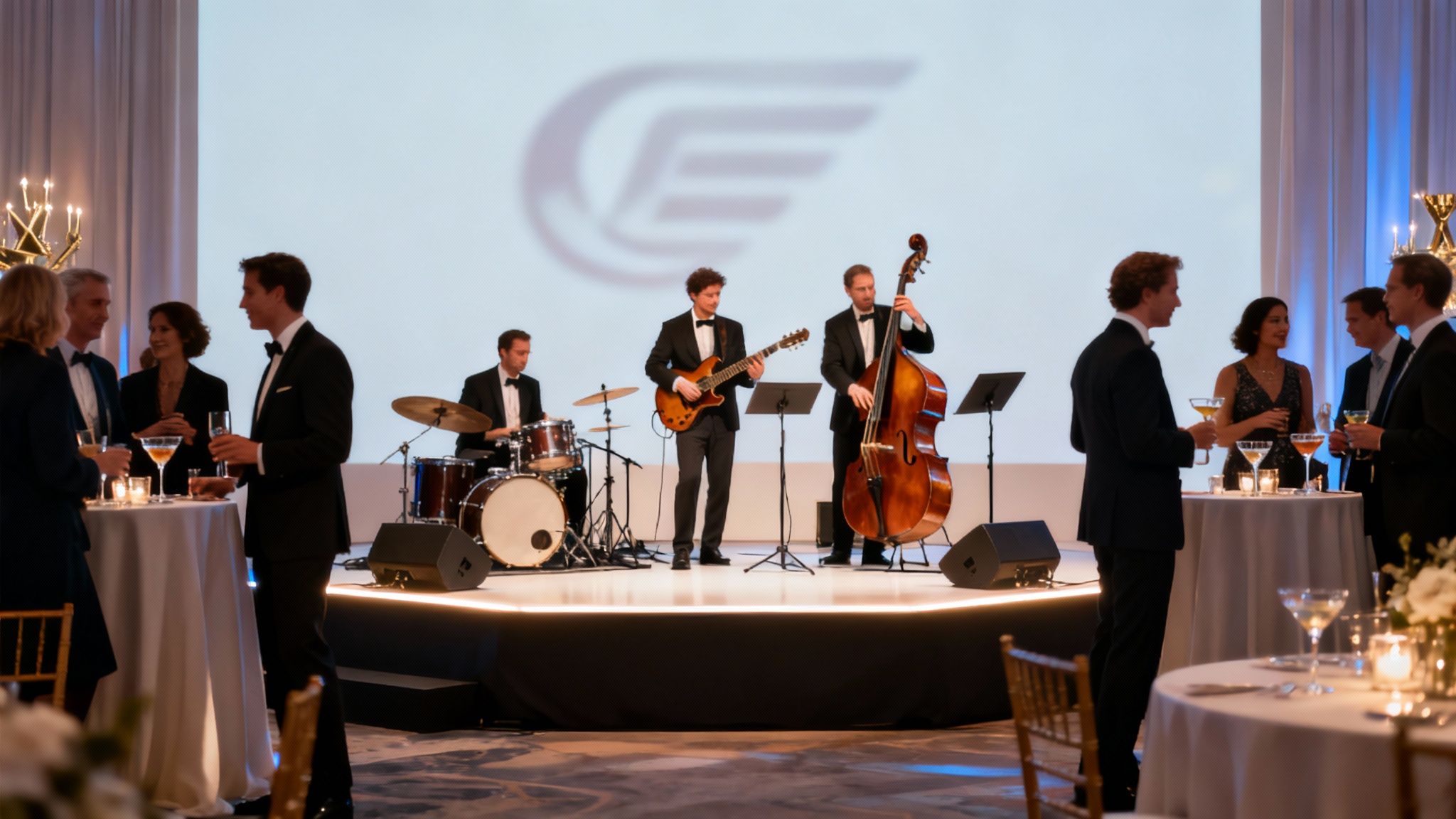 A live band performing on stage at a corporate event with a cheering crowd.