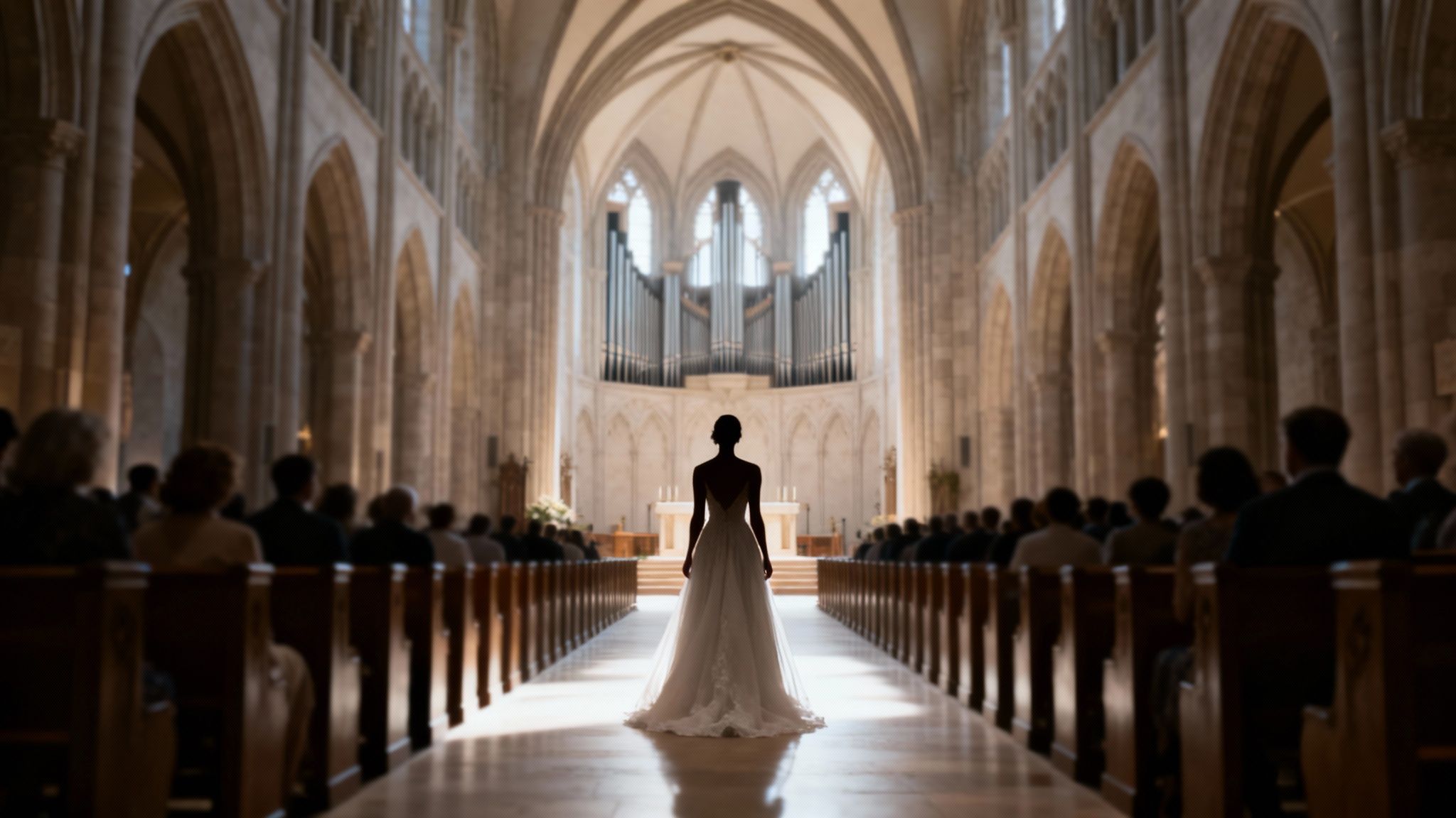 Silhouette of a bride walking down the aisle of a large, grand church during her wedding ceremony.