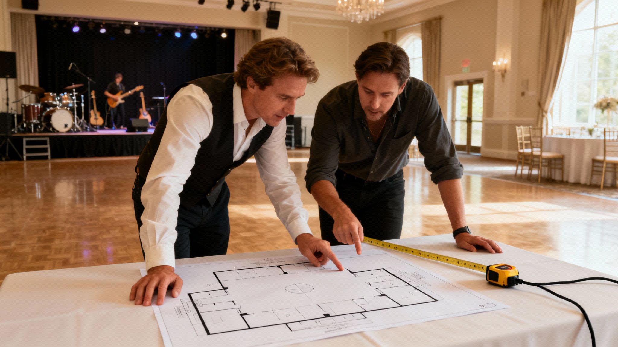 Two men reviewing architectural floor plans on table in elegant ballroom event venue