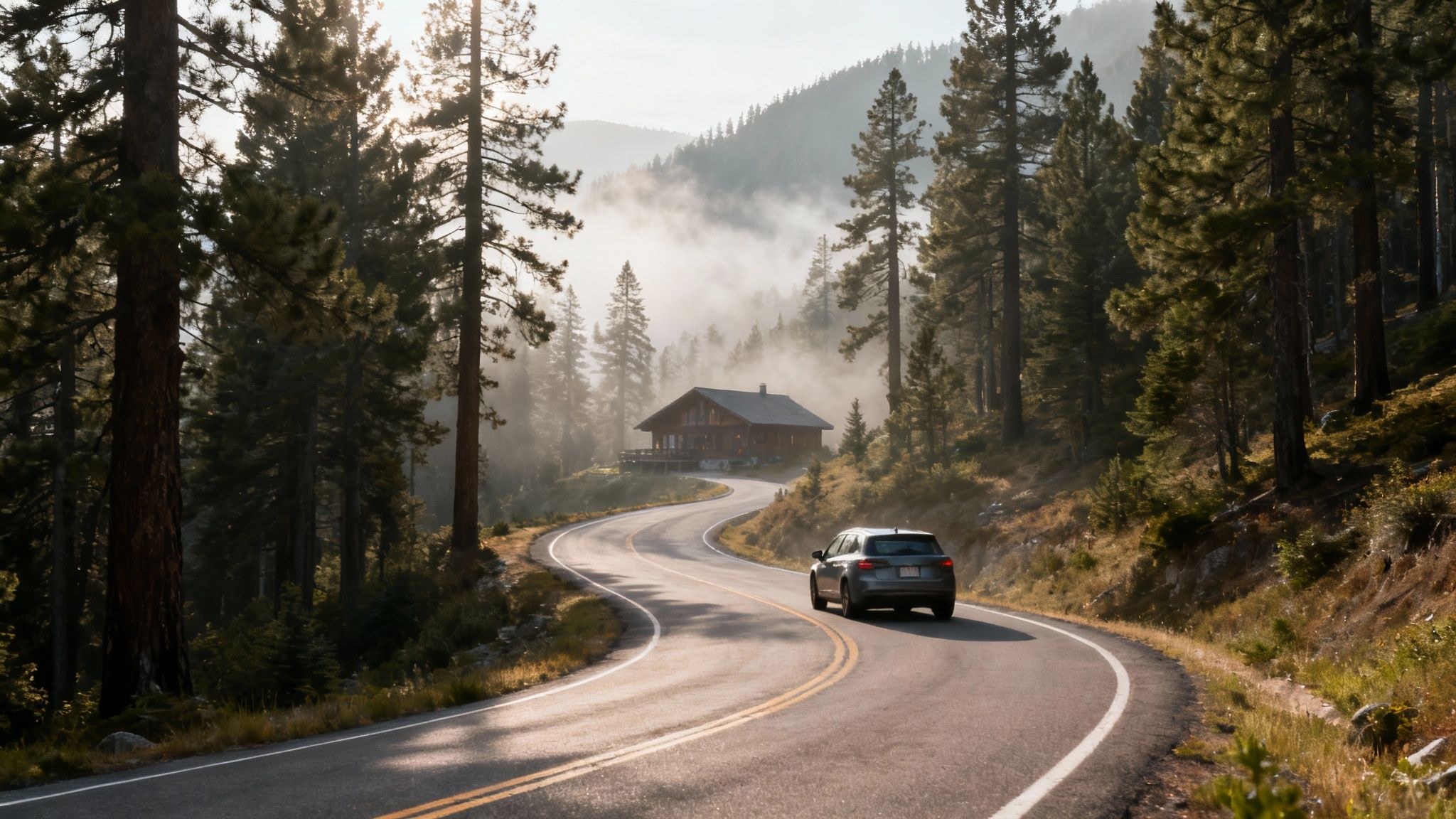 A gray car navigates a winding mountain road towards a rustic cabin in a misty forest.