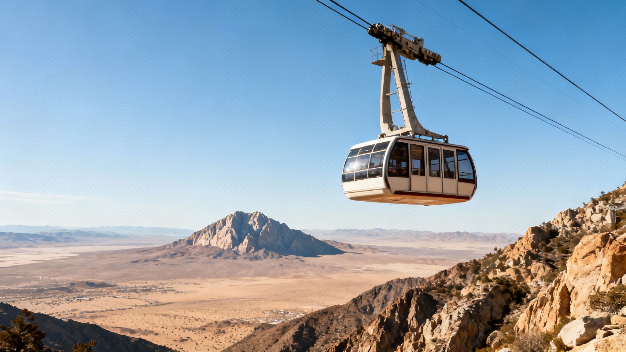 A scenic cable car ascends above a vast desert landscape with rugged mountains under a clear blue sky.