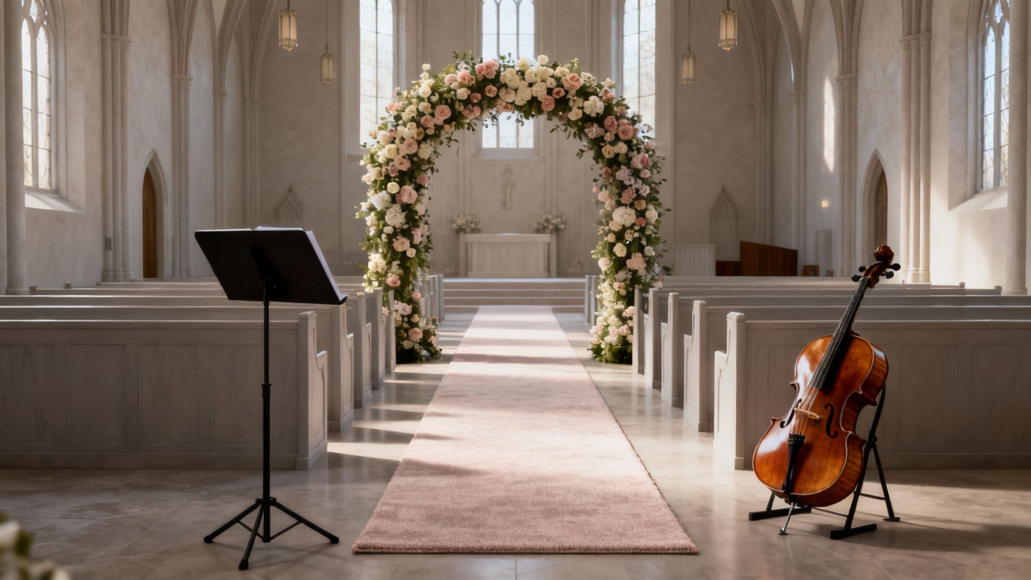 A beautiful church aisle set for a wedding, with a floral arch, a pink carpet, and music instruments.