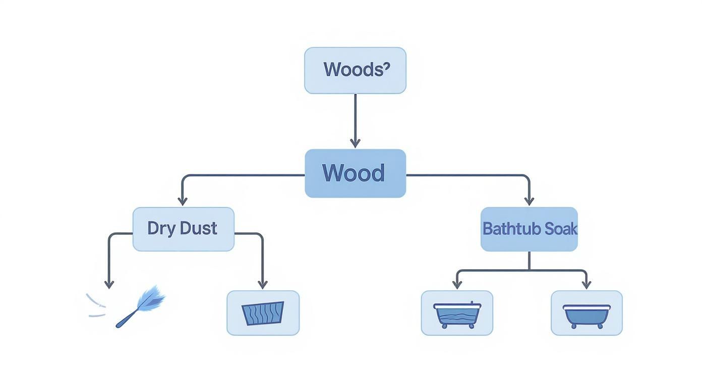 Flowchart illustrating methods for cleaning wood, including dry dusting and bathtub soaking for blinds.