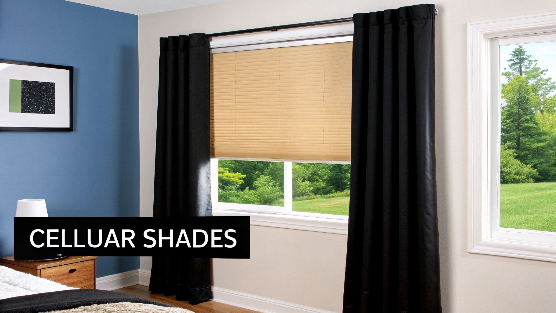 Beige cellular shades with black curtains on bedroom window for enhanced soundproofing and light control