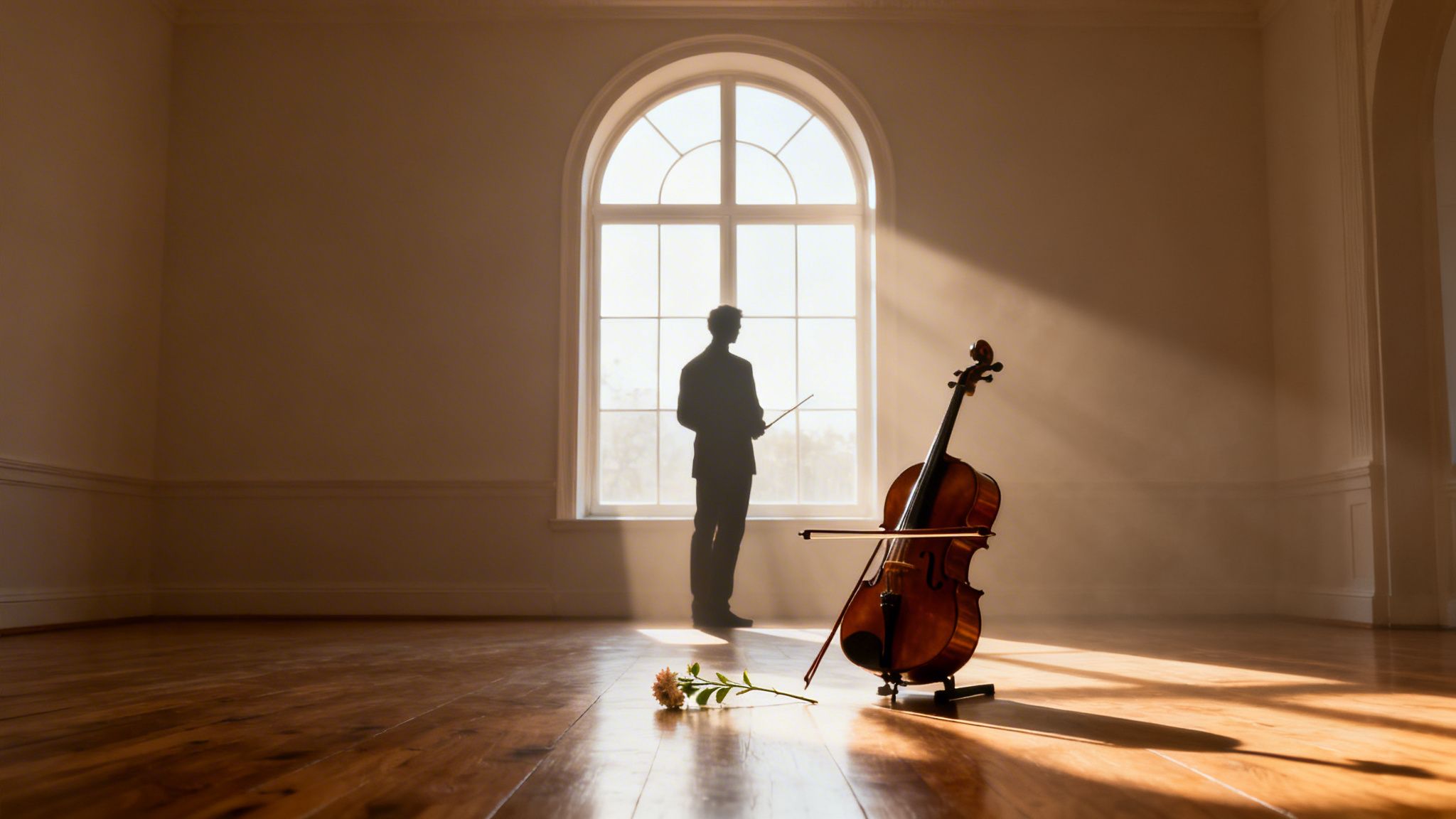 Silhouette of a man by an arched window with a cello and a single rose on a wooden floor.