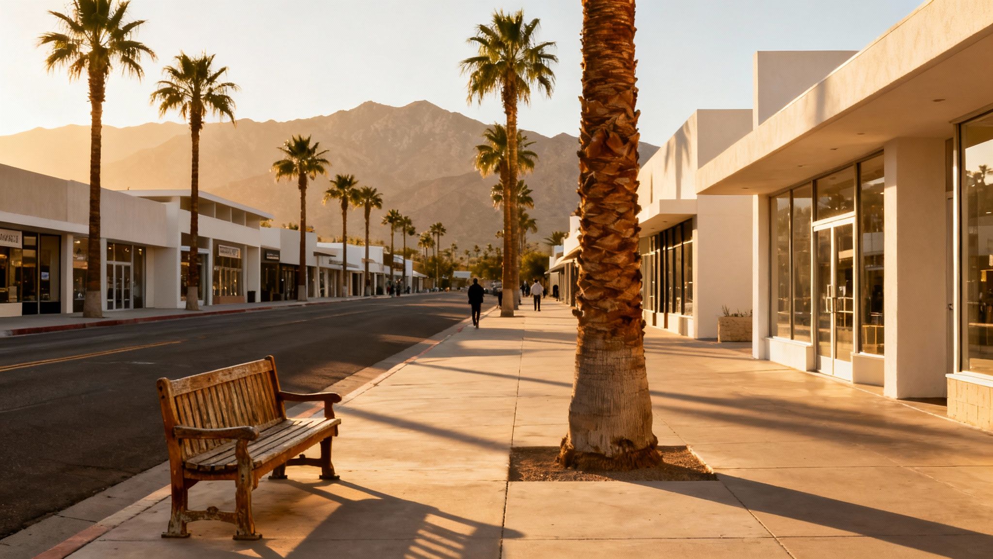 A sunny street in Palm Springs, California, with modern white buildings, palm trees, mountains, and a wooden bench.