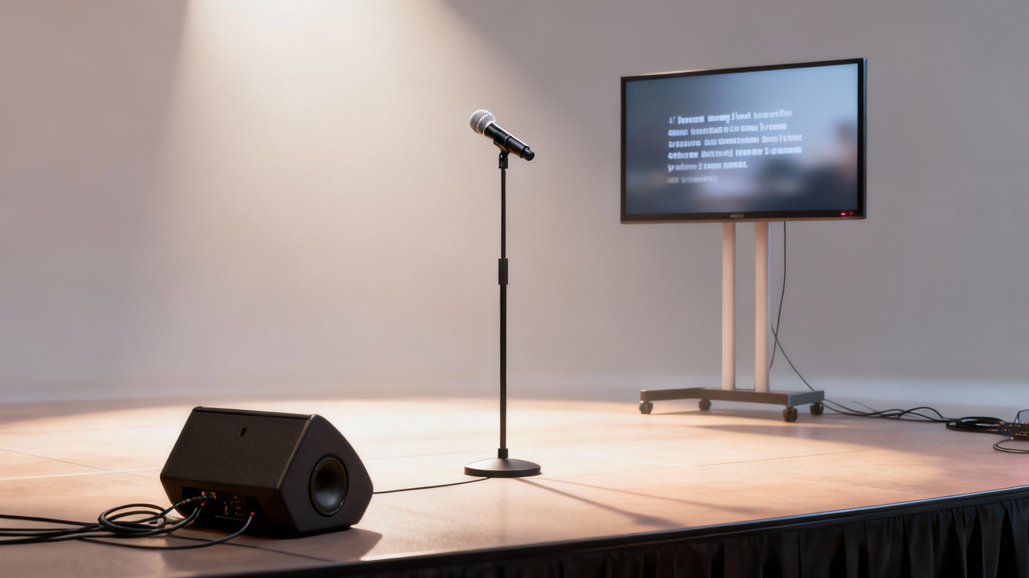 A stage is set for karaoke with a microphone, monitor displaying lyrics, and an audio speaker.