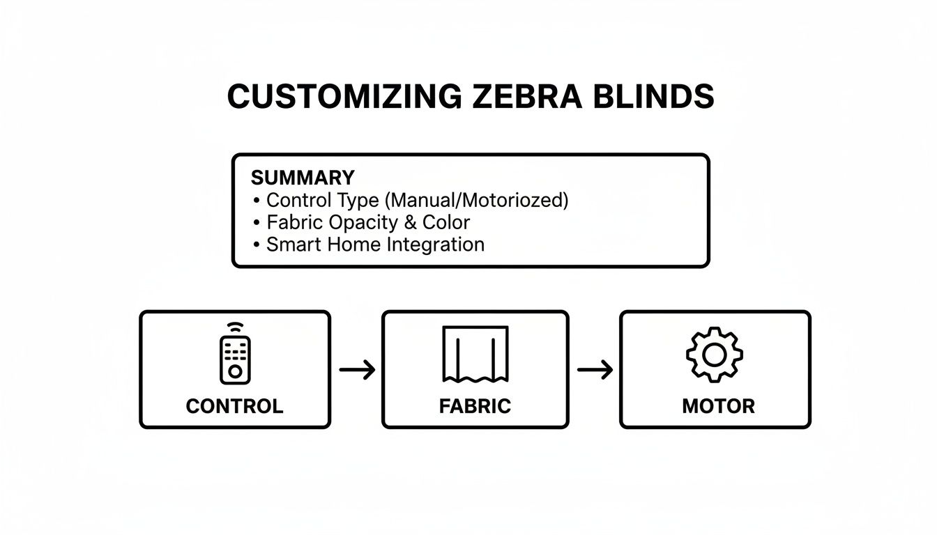 Flowchart illustrating zebra blinds customization options: control type, fabric opacity, color, and smart home integration.