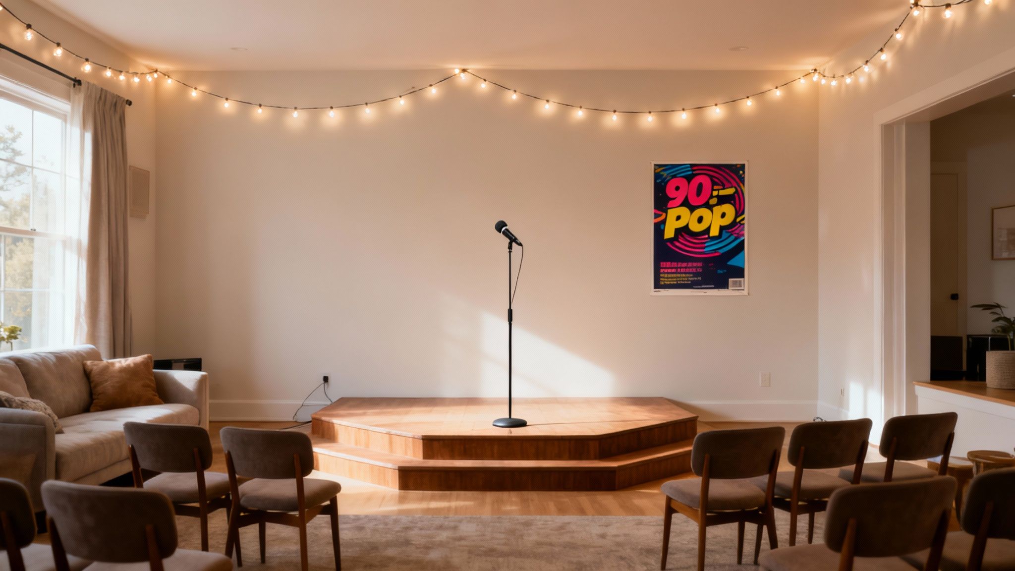 Group of friends singing karaoke together at a party, holding microphones and laughing.