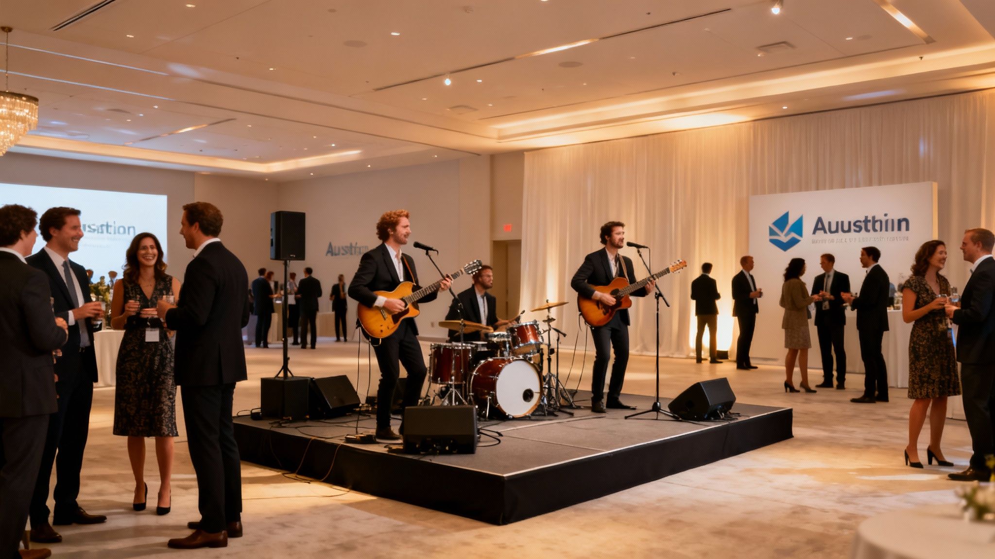 A lively corporate event featuring a band performing on stage and guests mingling with drinks.