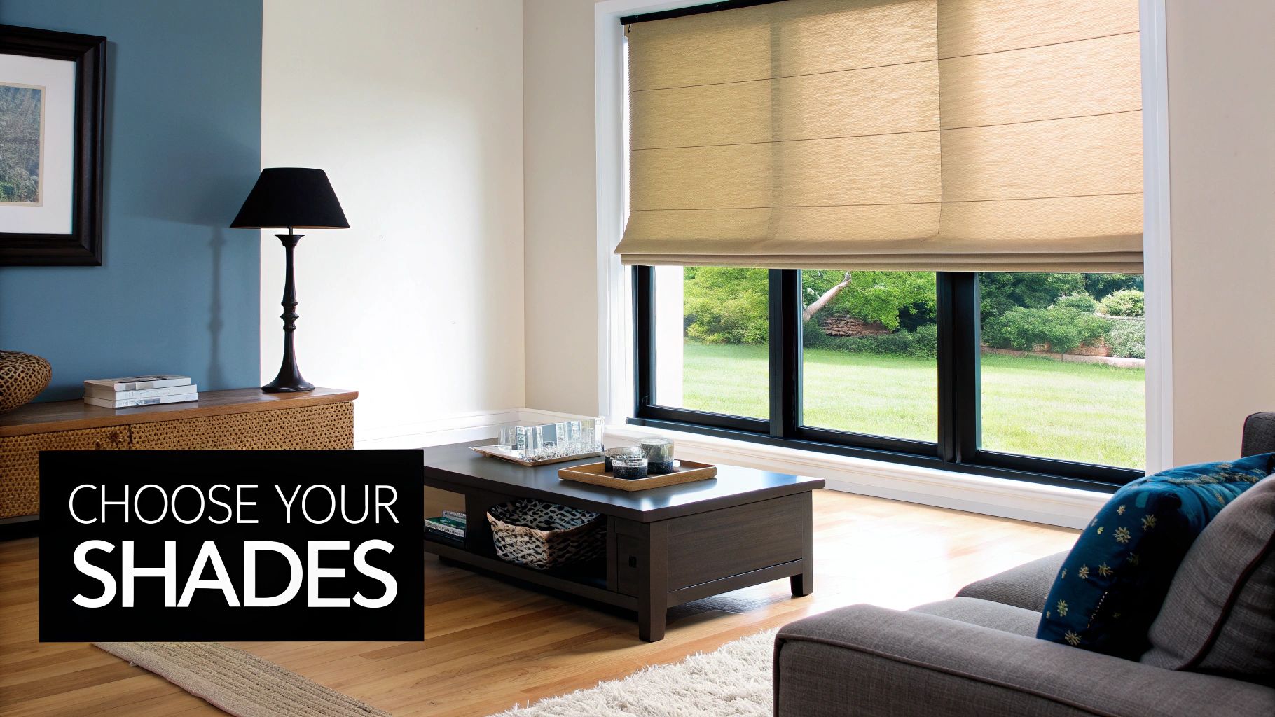 A bright living room with large windows fitted with custom light-filtering cellular shades.