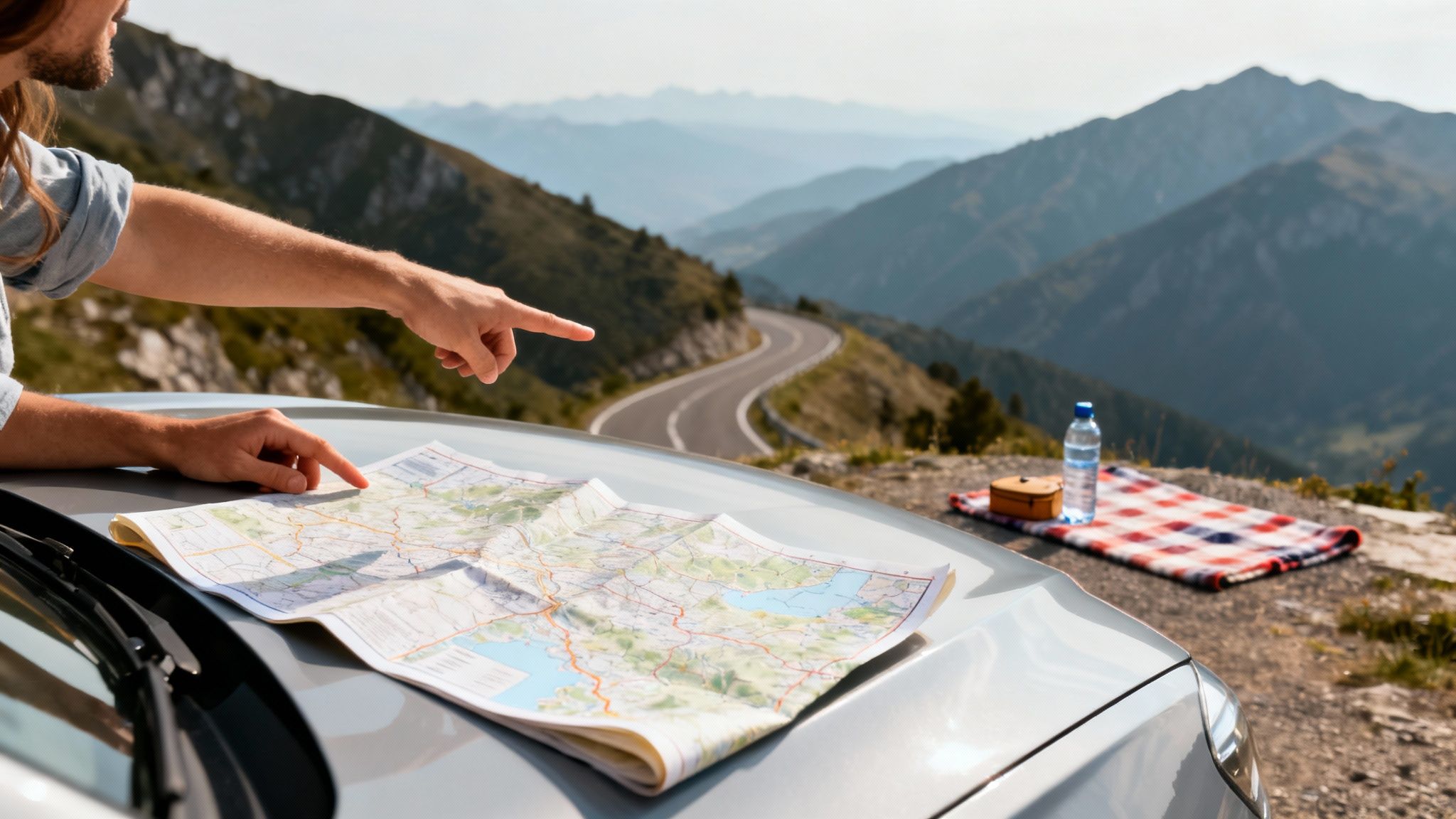 Traveler planning a road trip, pointing at a map on a car hood with mountains in background.
