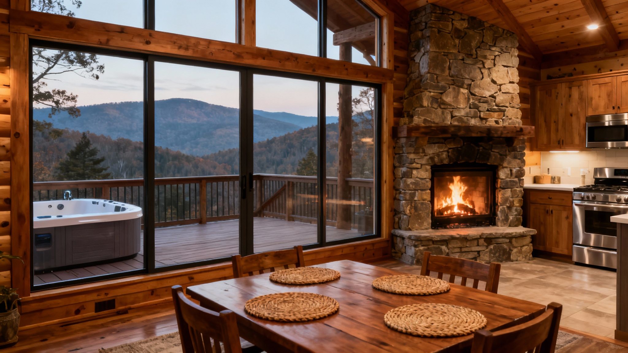 A cozy cabin living room with a stone fireplace and Thanksgiving-themed decor