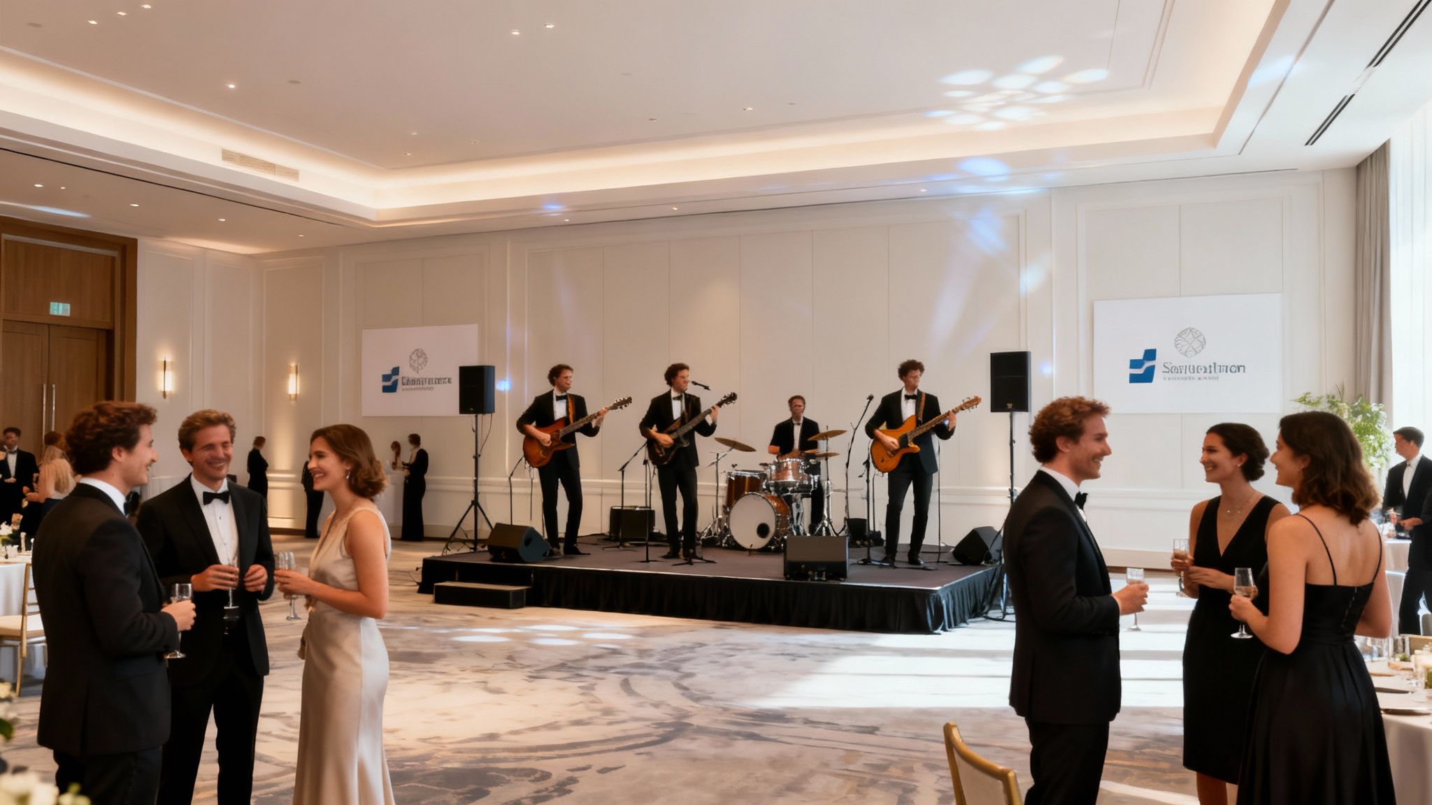 A band performs on stage at a formal corporate event with elegantly dressed guests mingling.