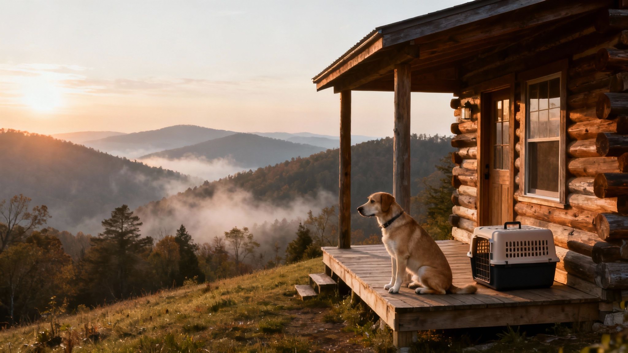 A golden retriever sits on a log cabin porch overlooking foggy mountains at sunrise.