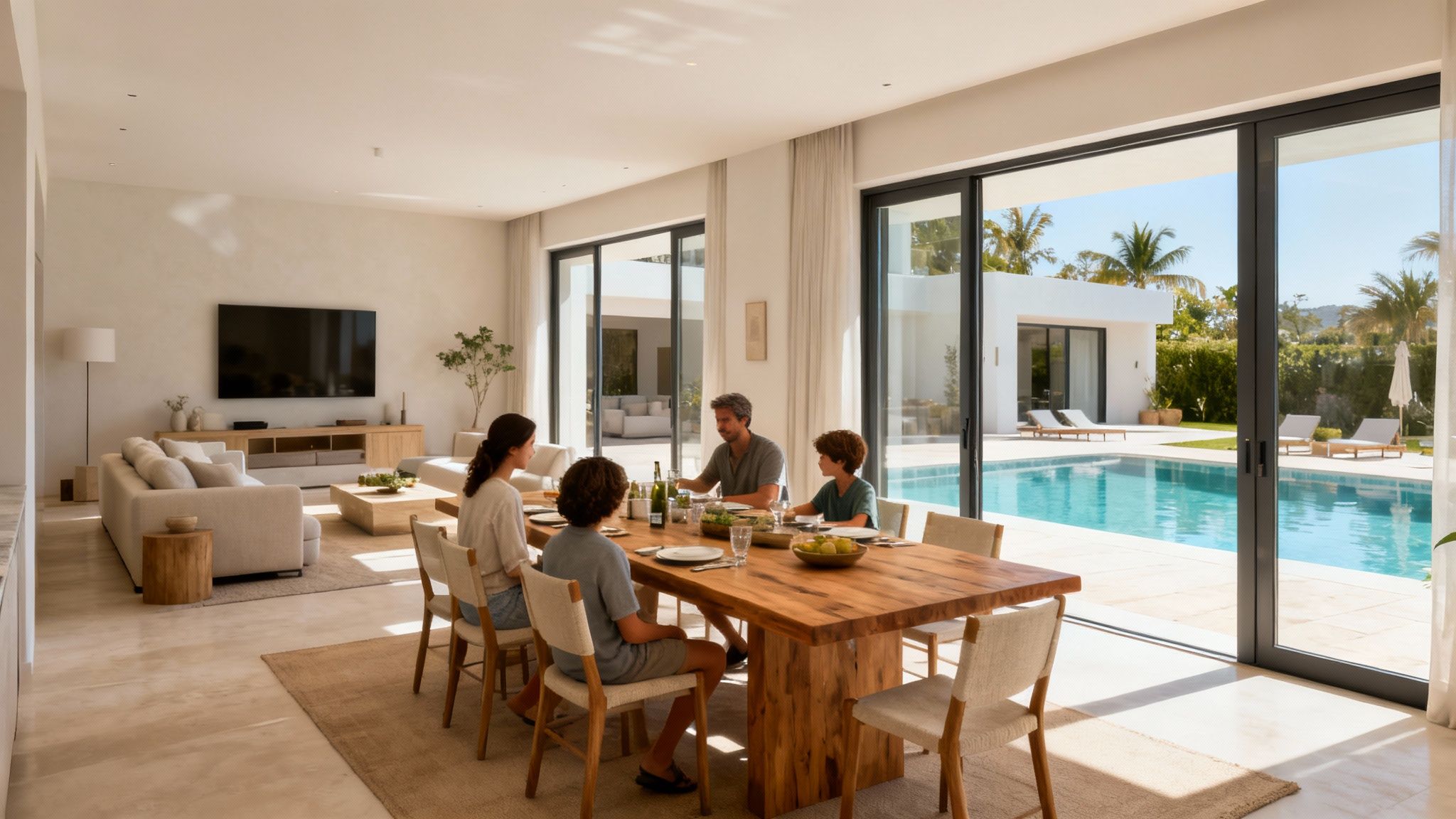 A family dines at a large wooden table in a modern home overlooking a swimming pool.