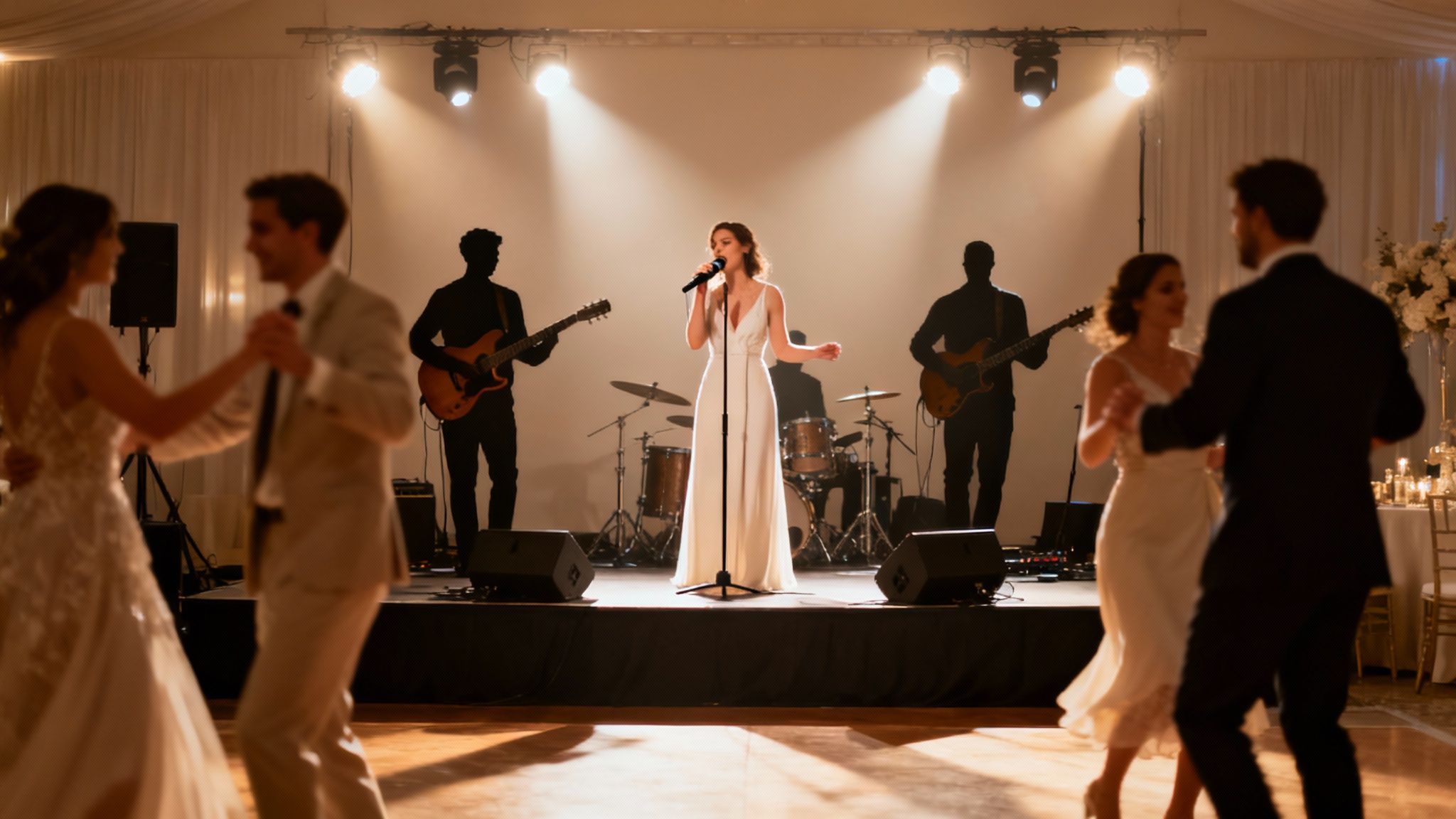 A lively wedding reception with Uptown Drive performing on stage and guests dancing.