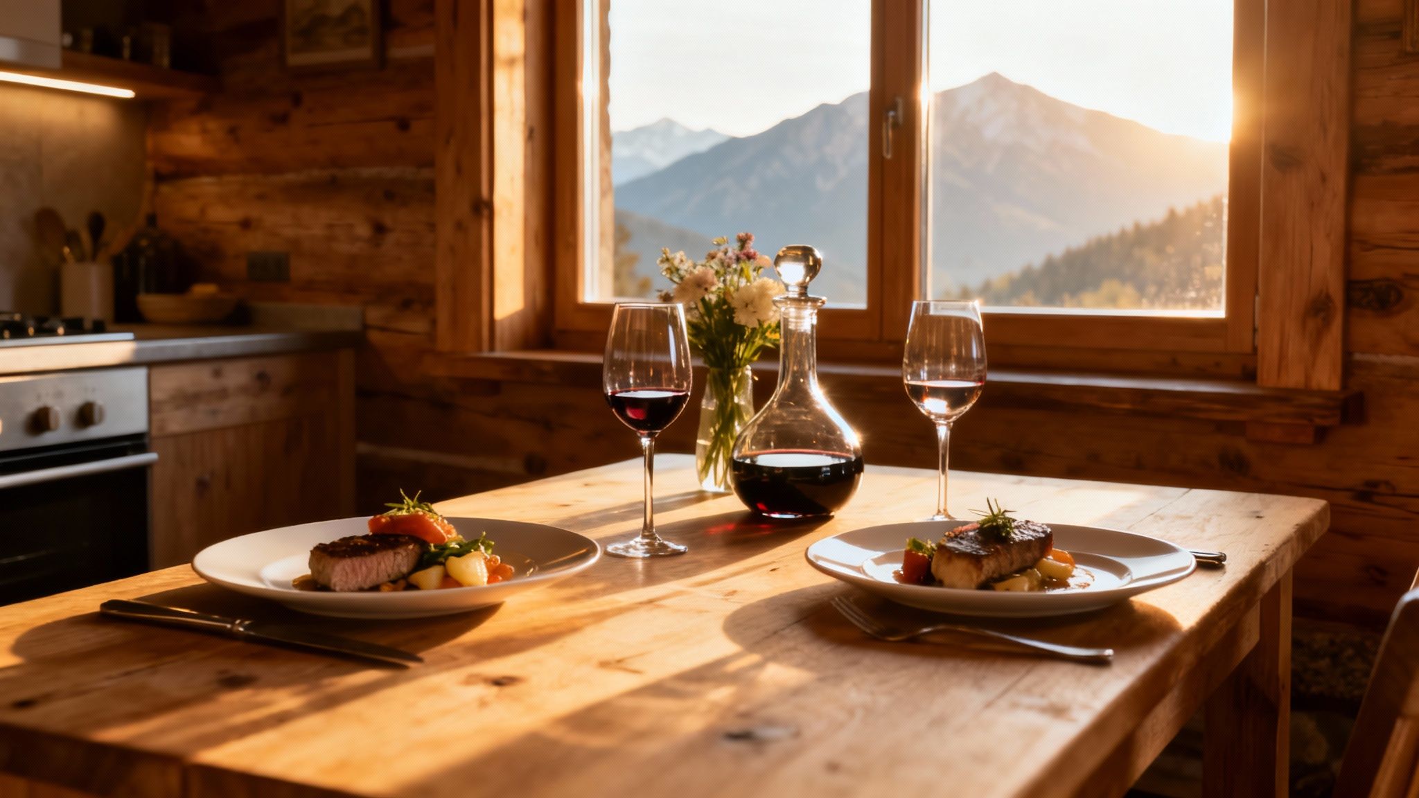 Romantic dinner with steak and red wine in a rustic cabin, with a mountain view at sunset.