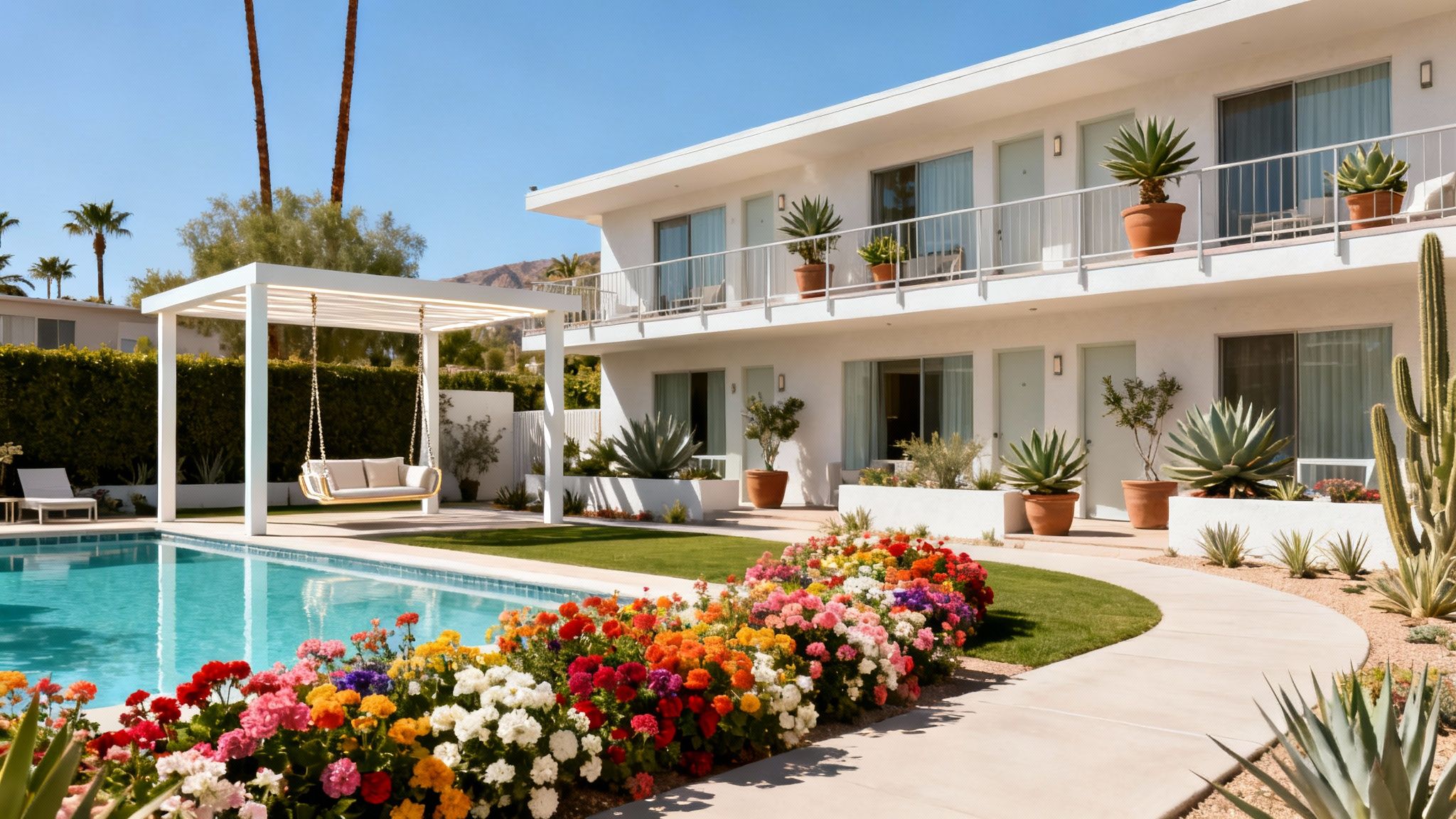 A vibrant resort courtyard with a swimming pool, white hotel facade, and colorful flowers.