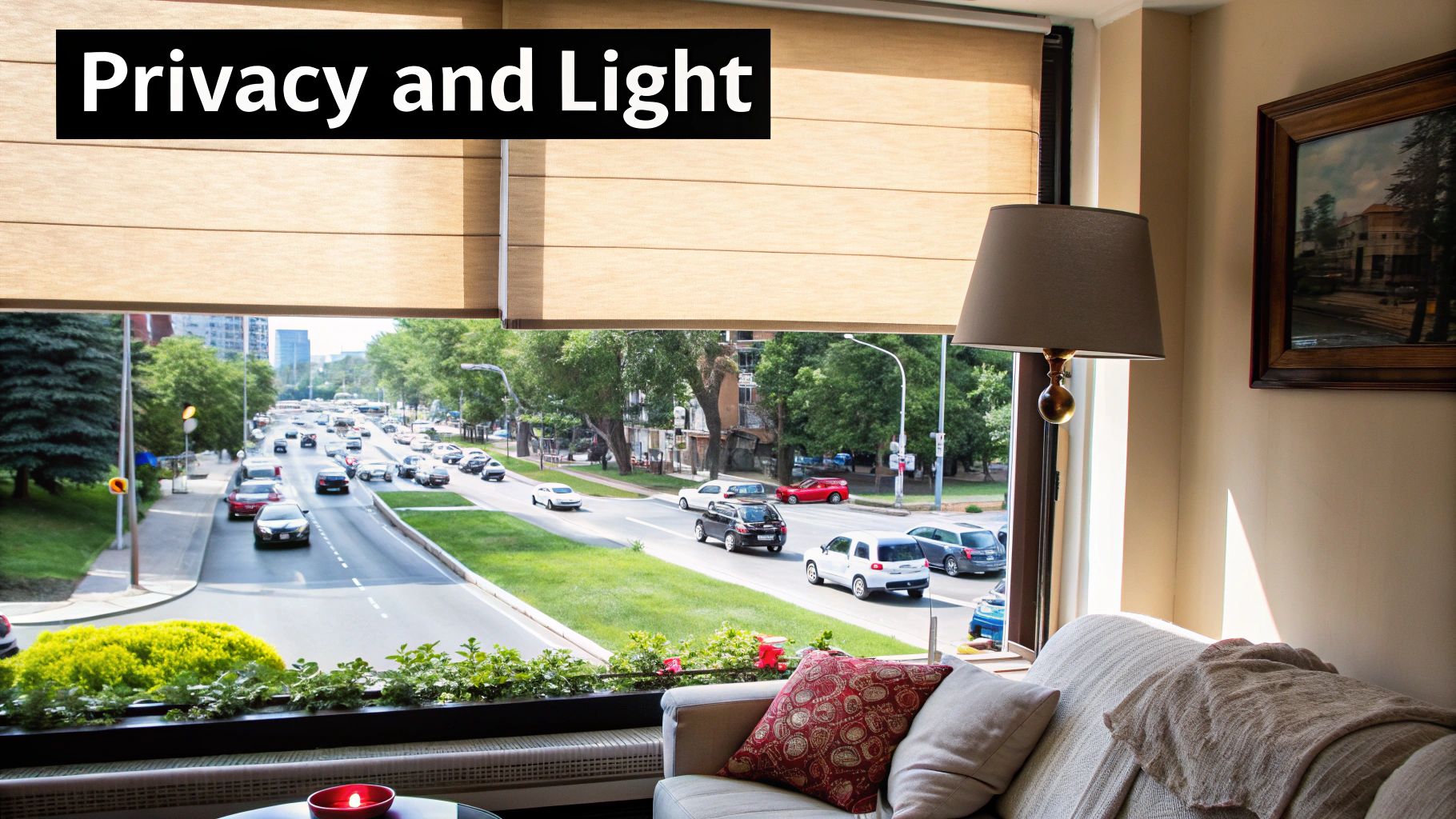 Top down bottom up shades partially lowered on window overlooking busy street with cozy sofa